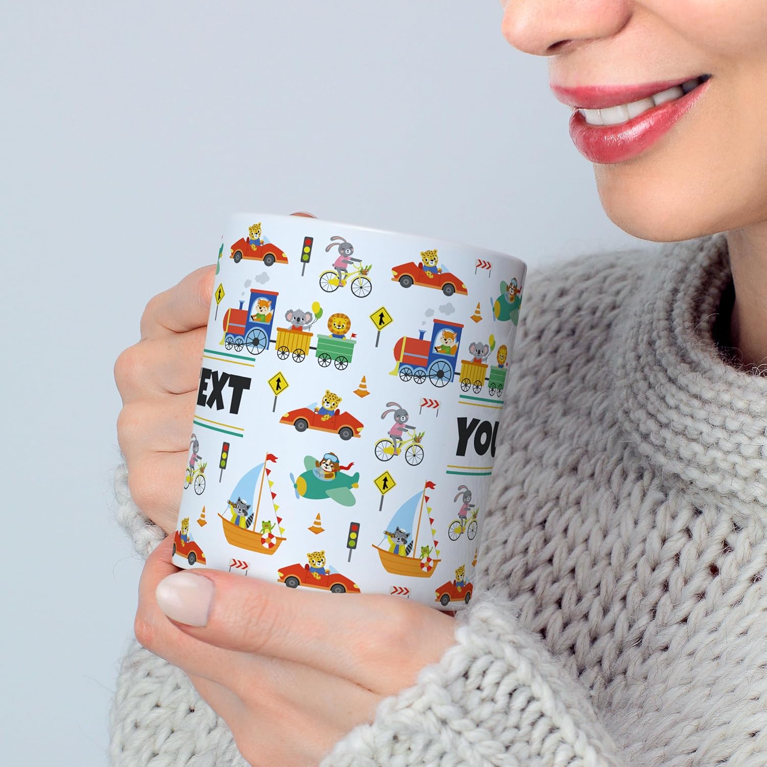 Personalized Mug for Kids - Vehicles - Custom Name/Text, Ceramic Hot Chocolate/Cocoa/Coffee Cup for Boys, Birthday/Christmas/Holiday Gift - 15 oz, White Handle