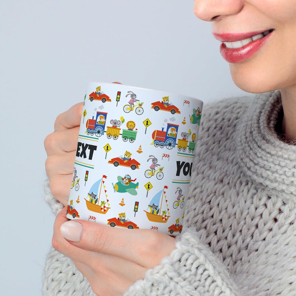 Personalized Mug for Kids - Vehicles - Custom Name/Text, Ceramic Hot Chocolate/Cocoa/Coffee Cup for Boys, Birthday/Christmas/Holiday Gift - 11 oz, Light Blue Handle