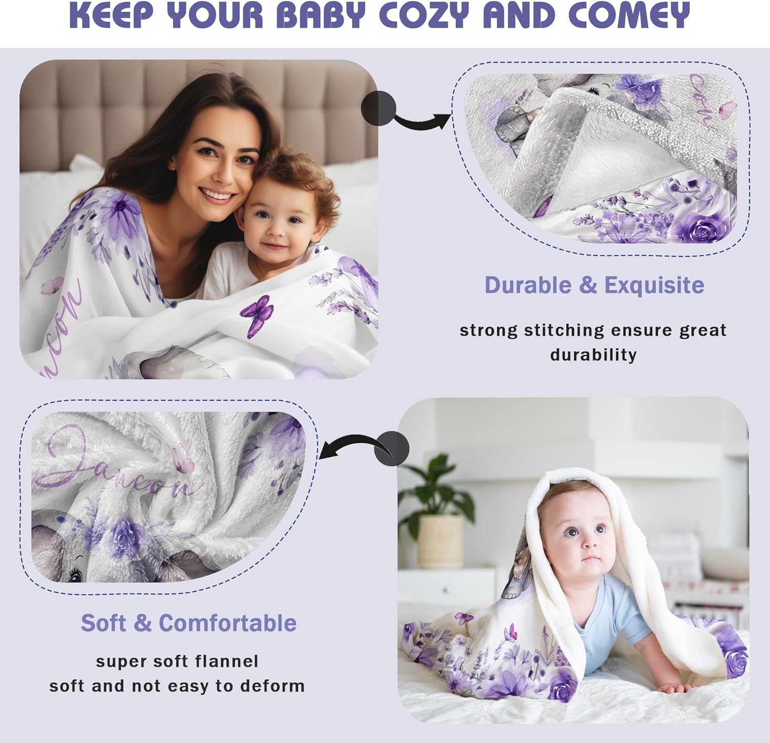 Custom Baby Blanket with Name Personalized Baby Name Blankets for Girls Customized Elephant Blanket for Baby Shower Birthday Christmas Newborn Gifts