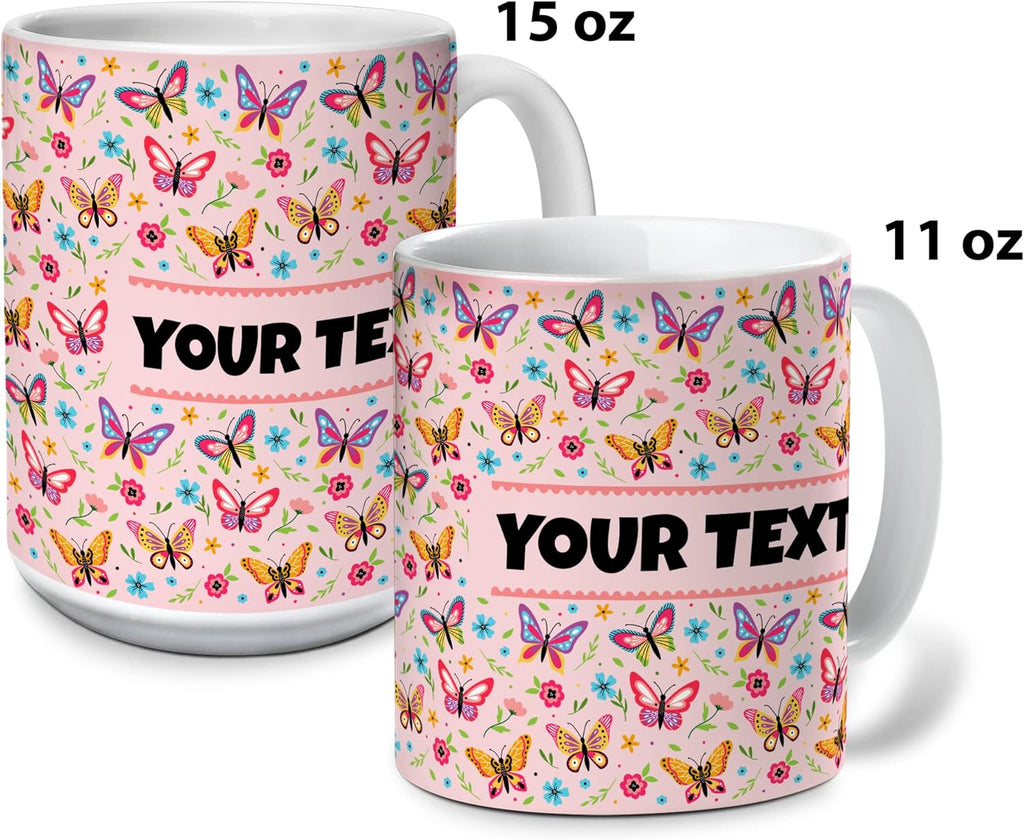 Personalized Mug for Kids - Butterflies - Custom Name/Text, Ceramic Hot Chocolate/Cocoa/Coffee Cup for Girls, Birthday/Christmas/Holiday Gift - 11 oz, White Handle