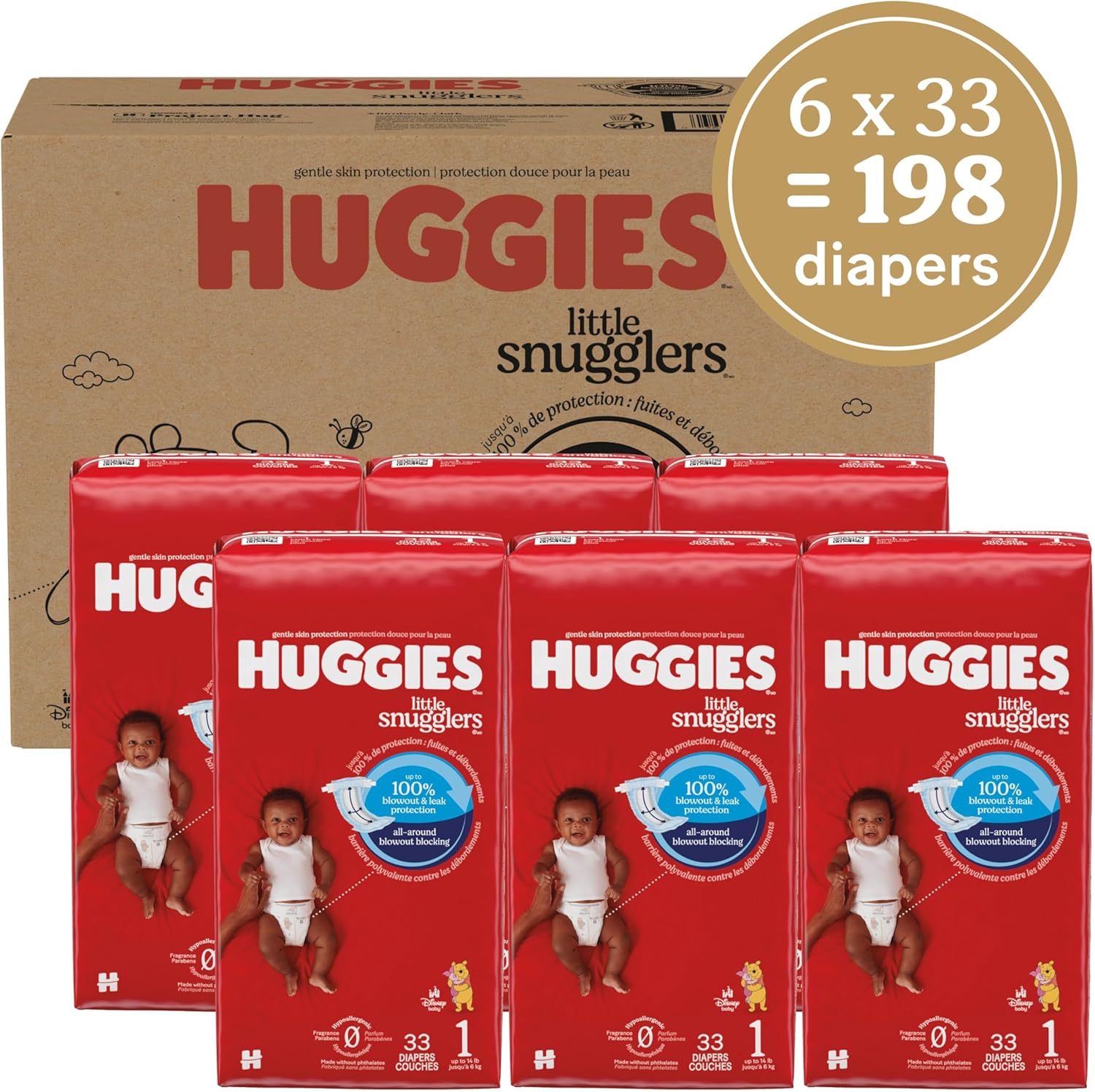 Huggies Size 1 Diapers, Little Snugglers Diapers, Size 1 (8-14 lbs), 198 Count (6 Packs of 33), Packaging May Vary