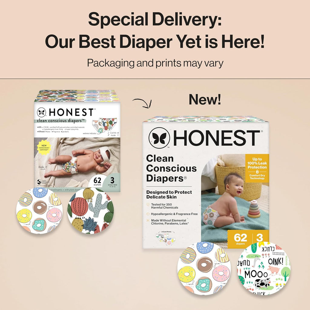 The Honest Company Clean Conscious Diapers for Delicate Skin | Up to 100% Leakproof | Hypoallergenic, Fragrance Free | Gender Neutral | Club Box, Size 3 (16-28 lbs), 62 Count (Prints May Vary)