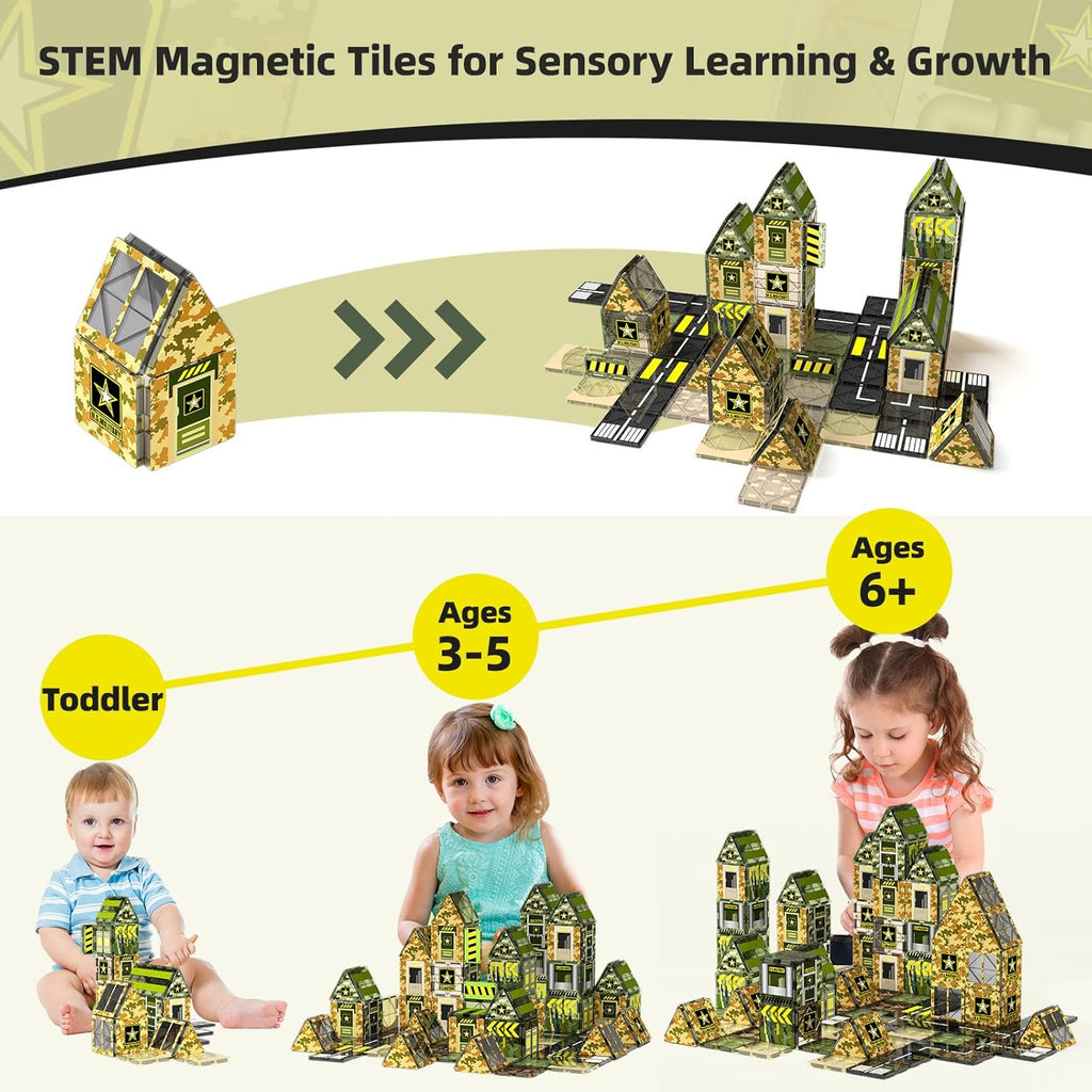 GobiDex Magnetic Tiles Army Toys, STEM Military Magnetic Building Blocks for Toddler Kids Ages 3-5 4-8, Sensory Magnet Construction Toys Birthday Gifts for 3+ Year Old Boys & Girls Army Men Playset