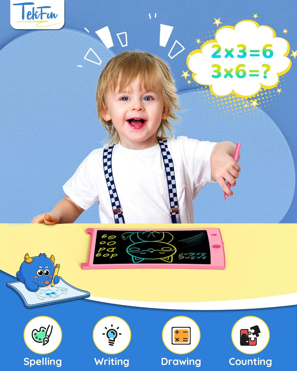 TEKFUN Kids Toys, 2Pcs LCD Writing Tablet with 4 Stylus, 8.5in Erasable Doodle Board Mess Free Drawing Pad for Kids, Car Trip Educational Toys Birthday for 3 4 5 6 7 Girls Boys