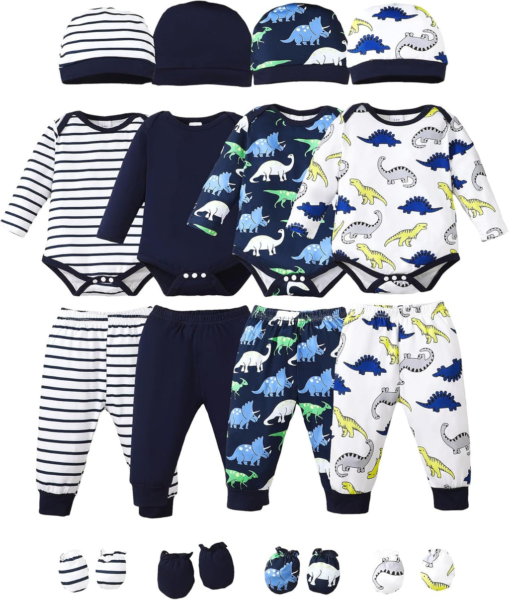 NZRVAWS Newborn Baby Boy Girl Clothes Unisex Infant Romper Pants Set Hat 4-Pack Outfits 0-12 Months 16 Pieces Toddler