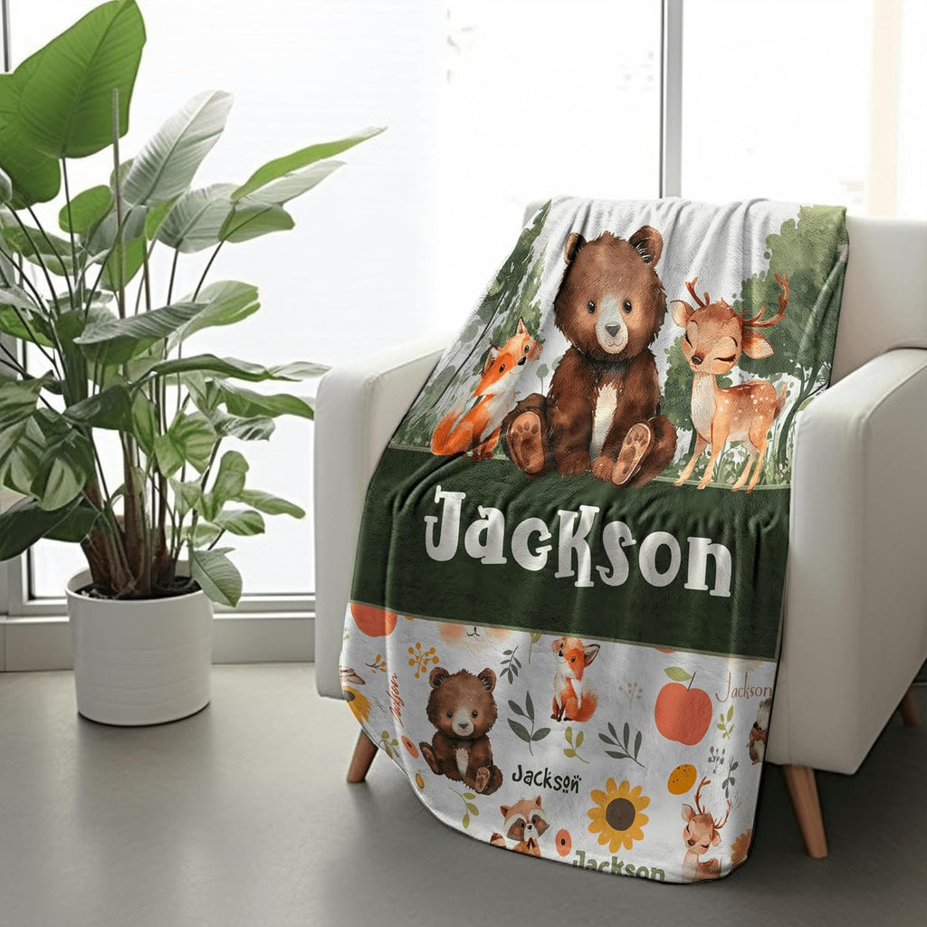 Woodland Animals Personalized Boy Baby Blanket, Custom Baby Throw Blanket with Name for Newborn Son Daughter Grandson Granddaughter Toddler Birthday Bed Blanket