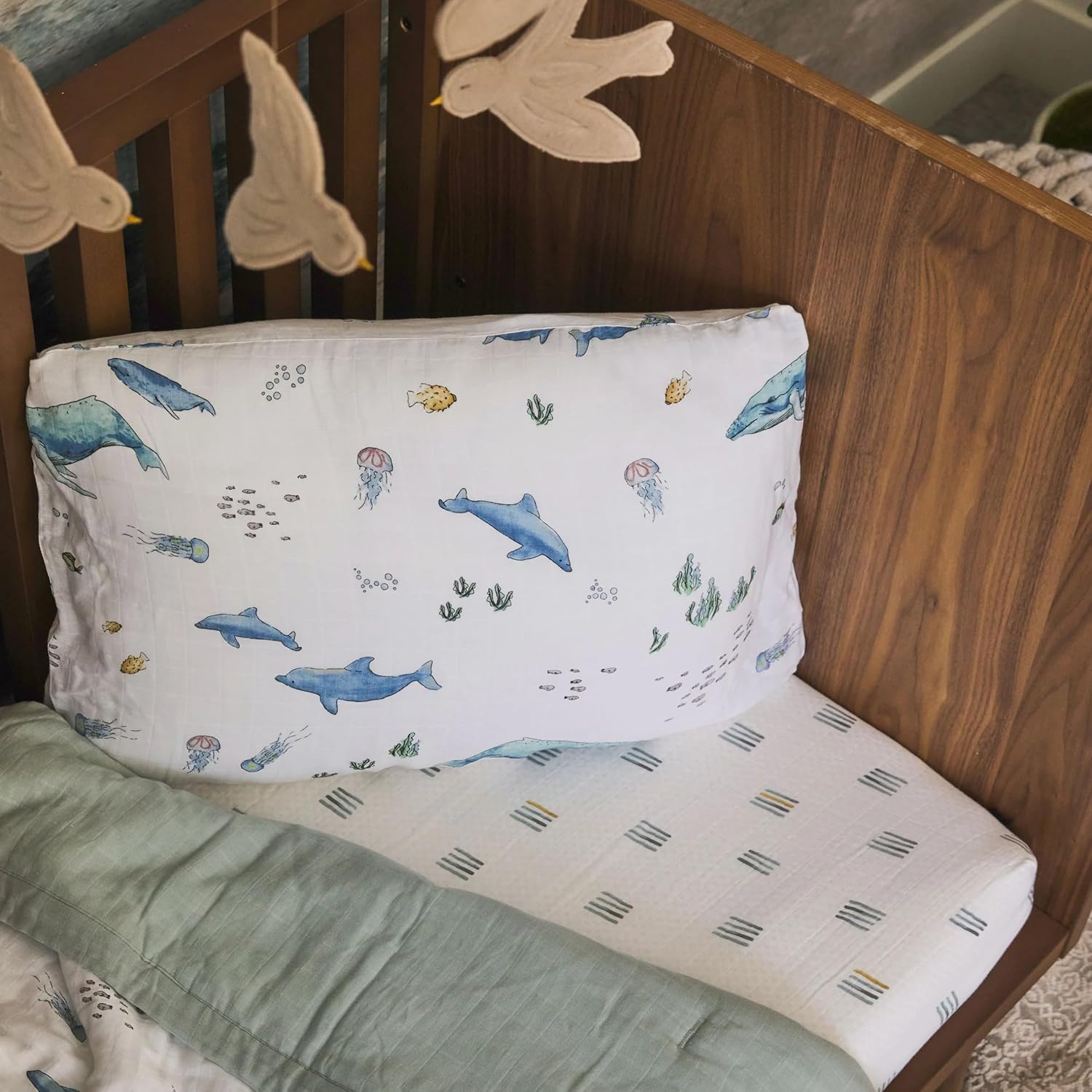 Little Unicorn Standard Pillowcase 2 Pack | Super Soft & Breathable Muslin Fabric | Snug Envelope Closure (Whales)