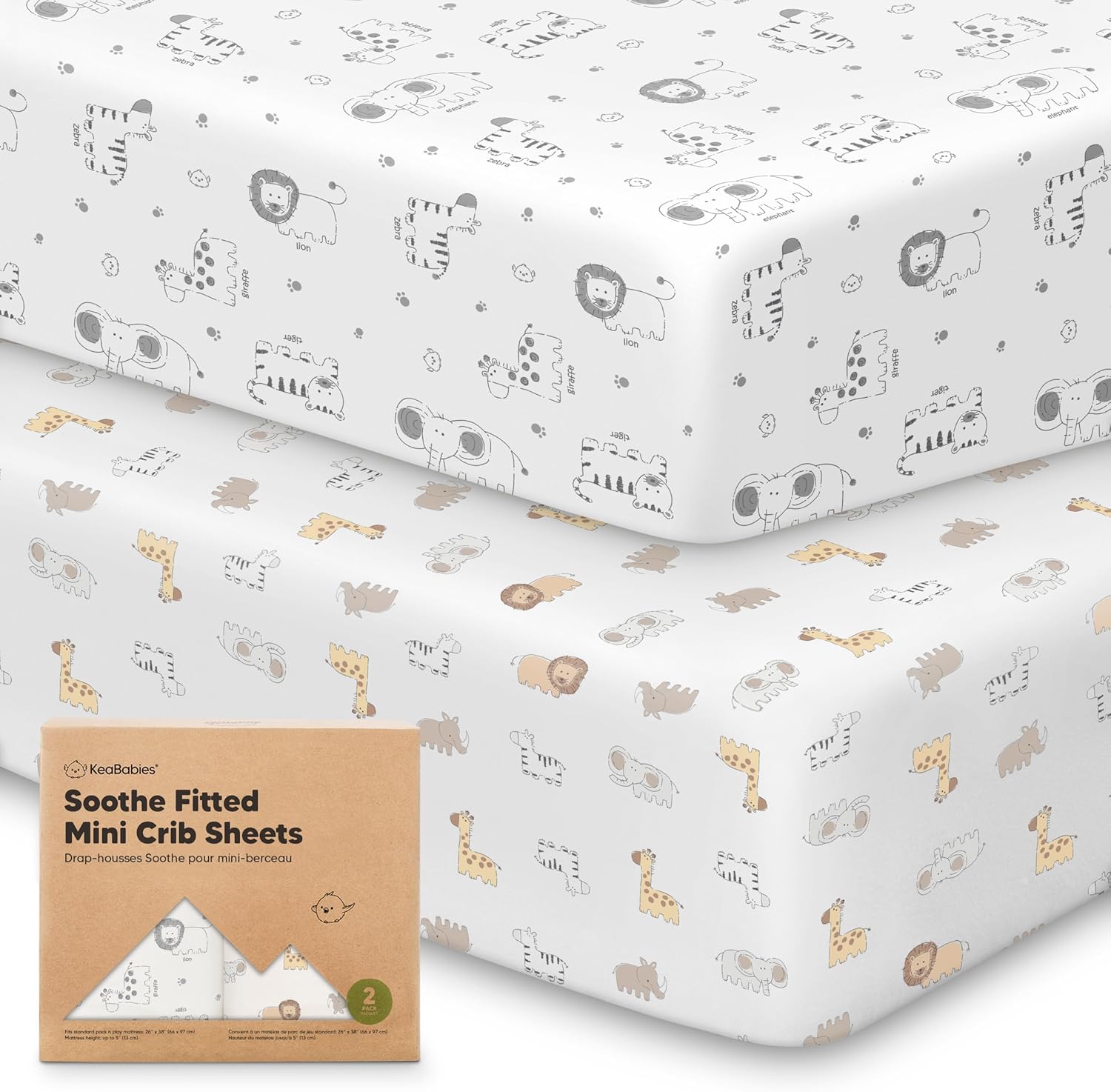 2-Pack Mini Crib Sheets Fitted - 38x26 Pack N Play Sheets for Pack and Play Mattress, Organic Cotton, Soft & Breathable Playard Bedding, Neutral Mini Toddler Bed Cover for Boys, Girls (KeaSafari)
