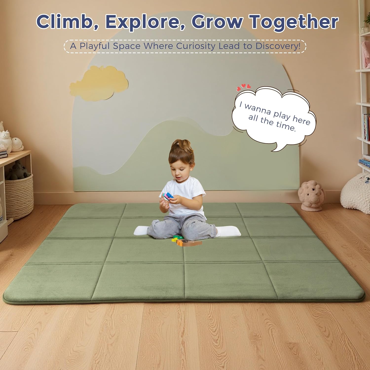 MAXYOYO 1.2" Thick Baby Play Mat for Floor, 49"x 49" Foldable Playpen Mat, Tummy Time Foam Mats Ultra Soft Support,Padded Carpet with Non-Slip Backing for Infant,Kids and Toddler Crawling, Green