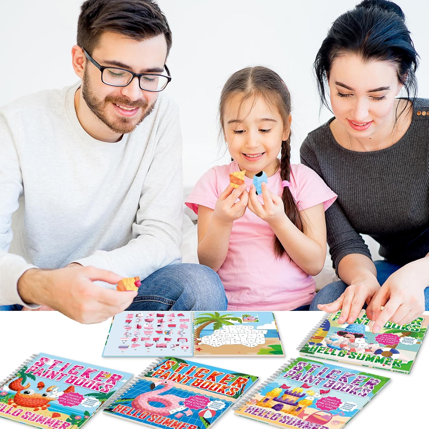 4Pcs Summer Paint by Sticker Books for Kids Ages 4-8 Hello Summer Sticker by Number Books Activity Book for Kids Age 3-5 Puzzle Book Craft Art Toddler Gift with Crab Flamingo Sand Castle 32 Pictures