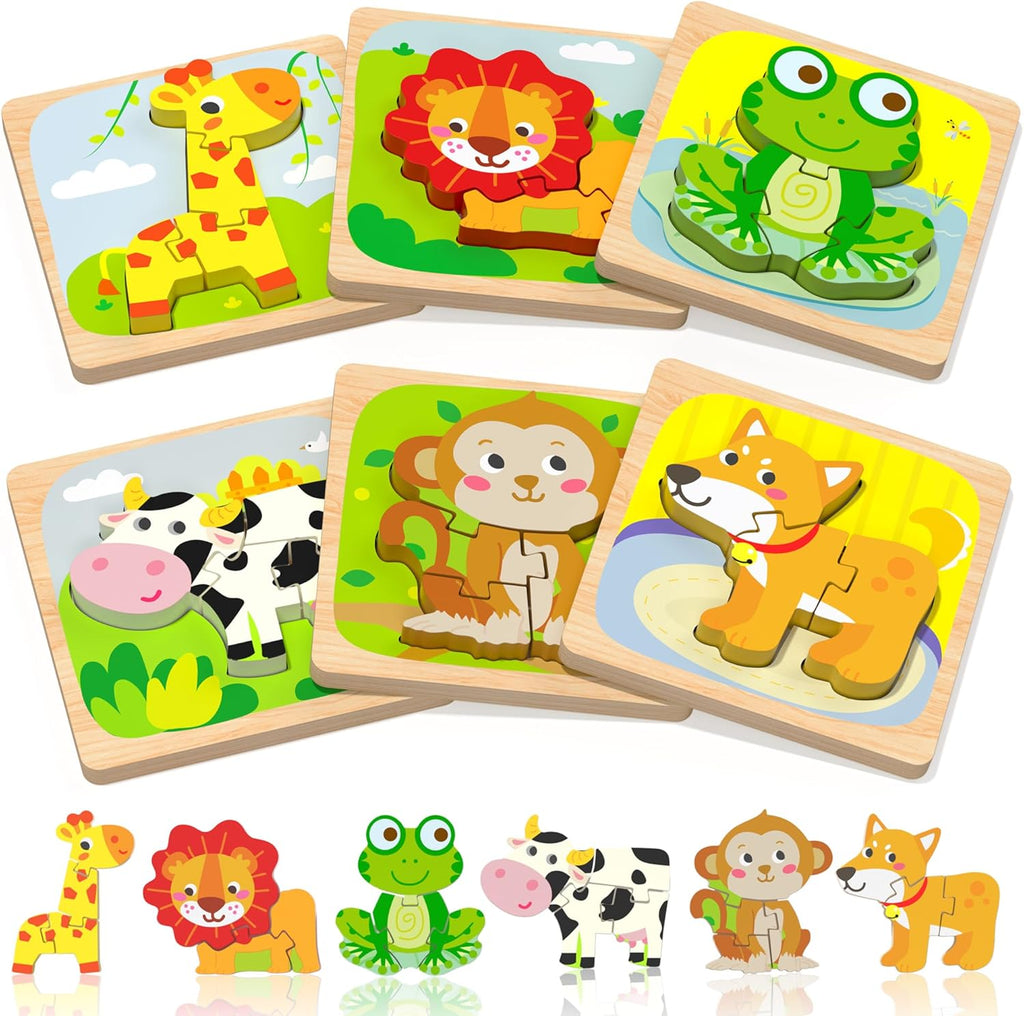 Benresive Wooden Toddler Puzzles, 6pcs Animal Montessori Toys for 1-3 Year Old Boys & Girls, Learning Educational Preschool Toys, Great Gifts for 1 2 3 Year Olds
