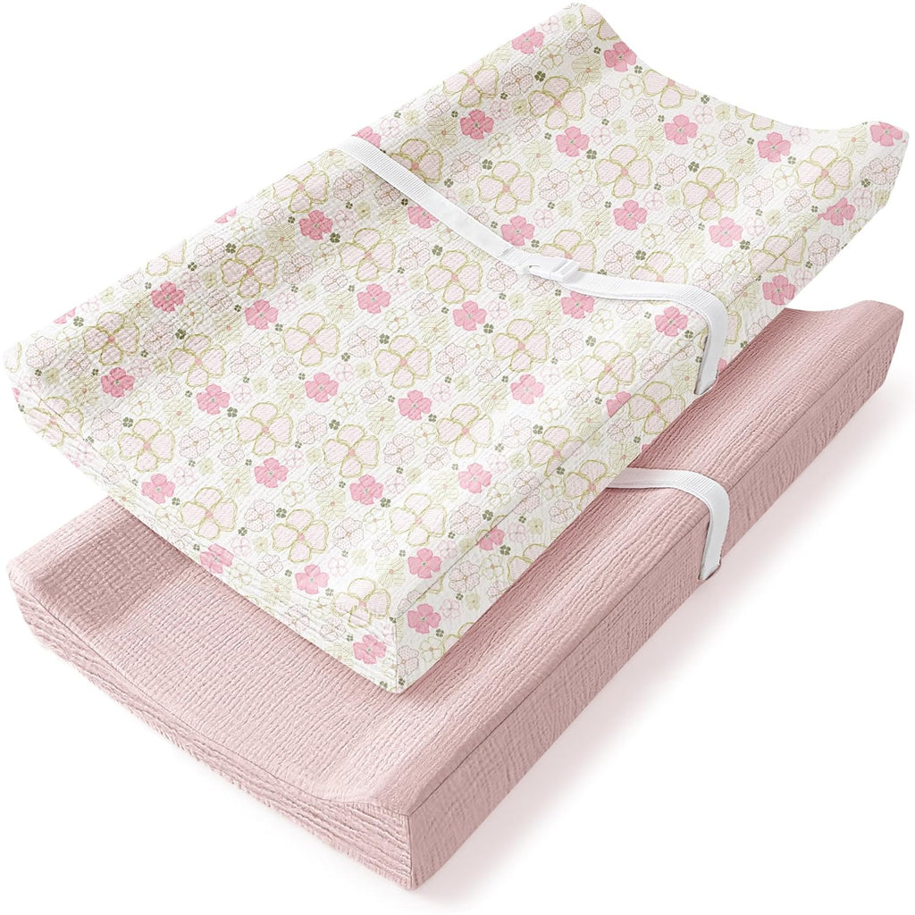 Bearmoss Changing Pad Cover, 2 Pack Muslin [100% Cotton] Diaper Changing Table Covers, 32'' x 16'' Soft Breathable Changing Pad Sheets for Unisex Baby Girls and Boys with Strap Holes (Pinkfloral)