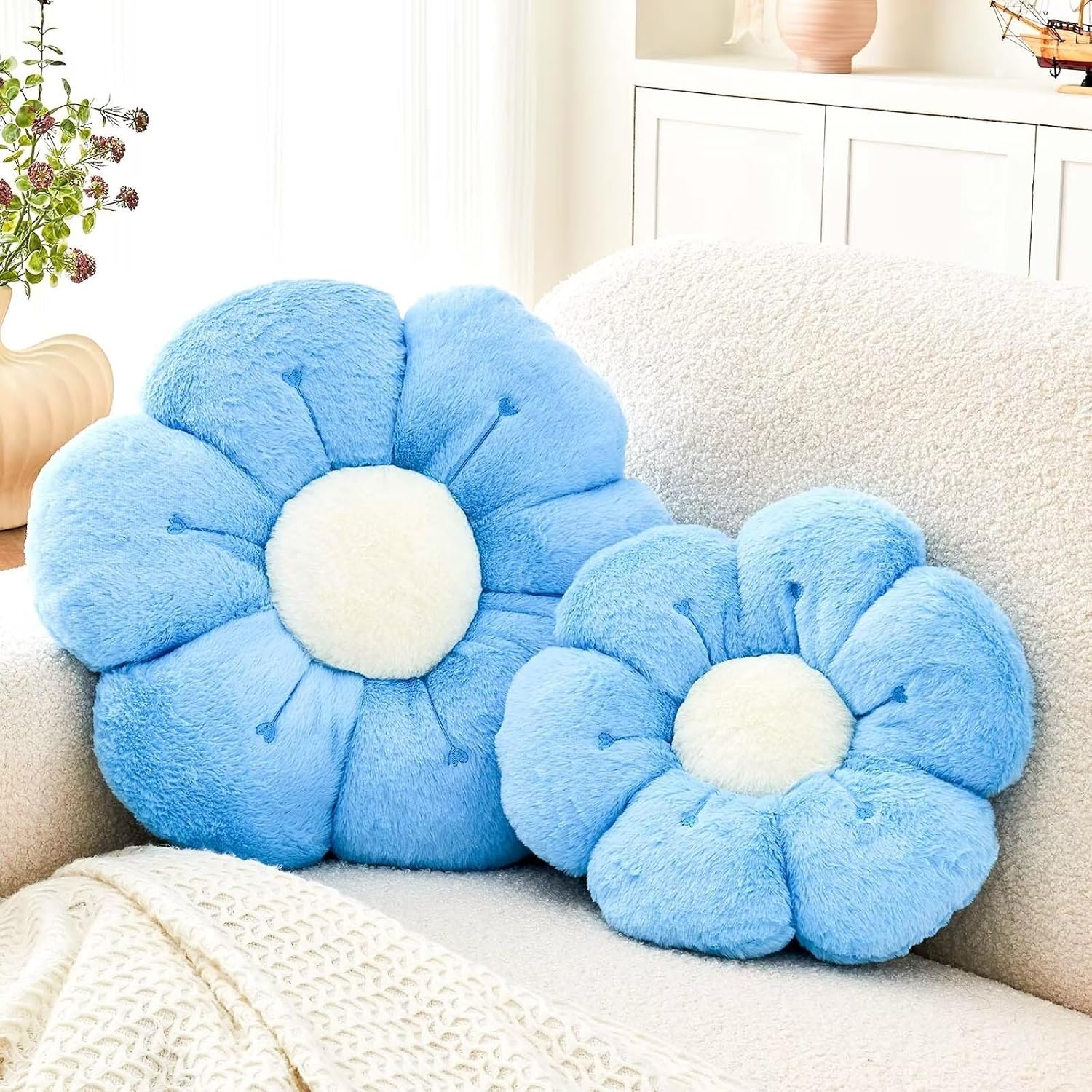 Flower Pillow, Cute Flower Shaped Decorative Pillow, Soft Rabbit Fur Daisy Pillow Home Decor Floor Seating Cushion for Bedroom Living Room (Blue2 19.6 Inch)