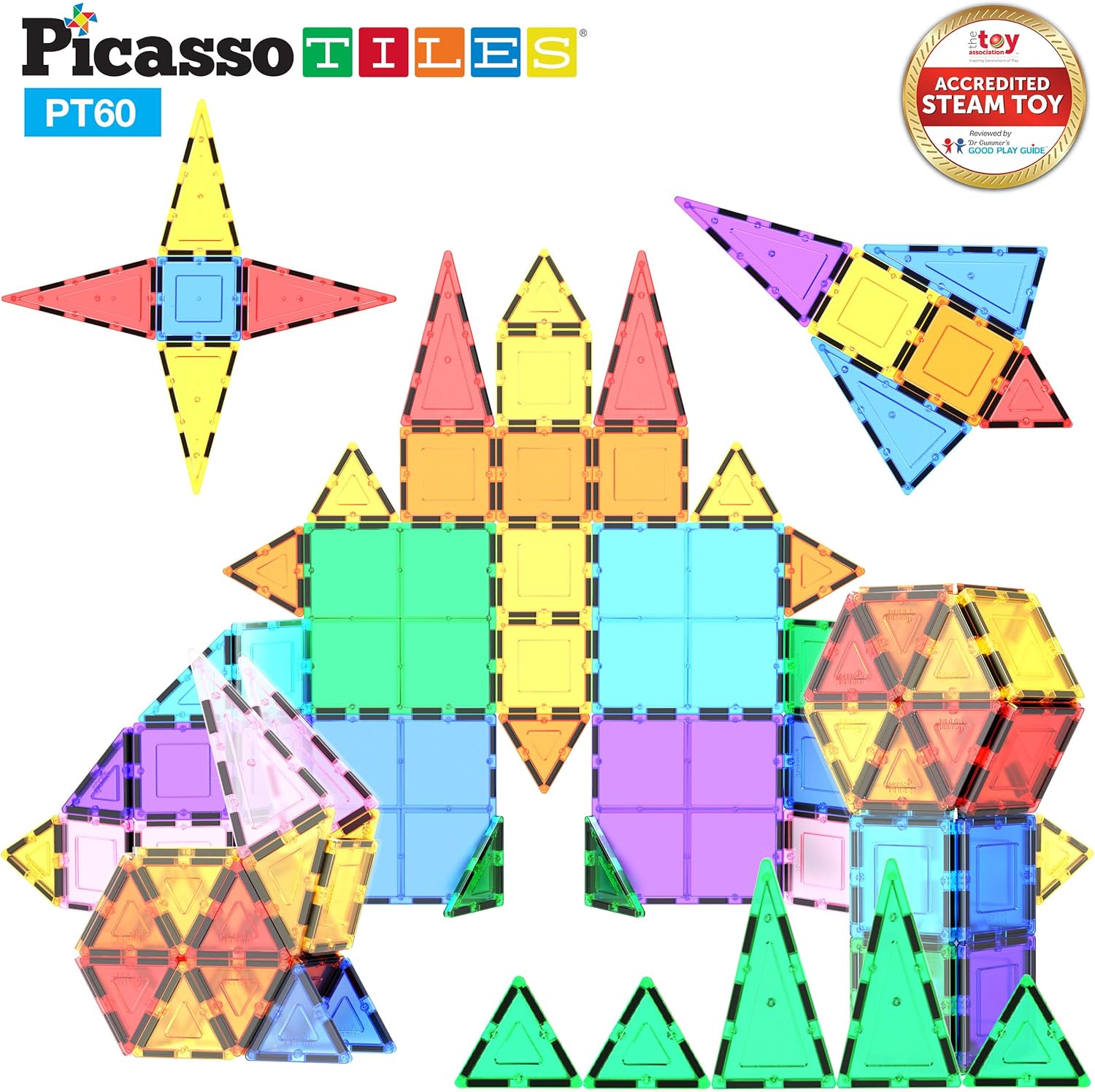 PicassoTiles 60 Piece Set 60pcs Magnet Building Tiles Clear Magnetic 3D Blocks Construction Playboards - Creativity beyond Imagination, Inspirational, Recreational, Educational, Conventional