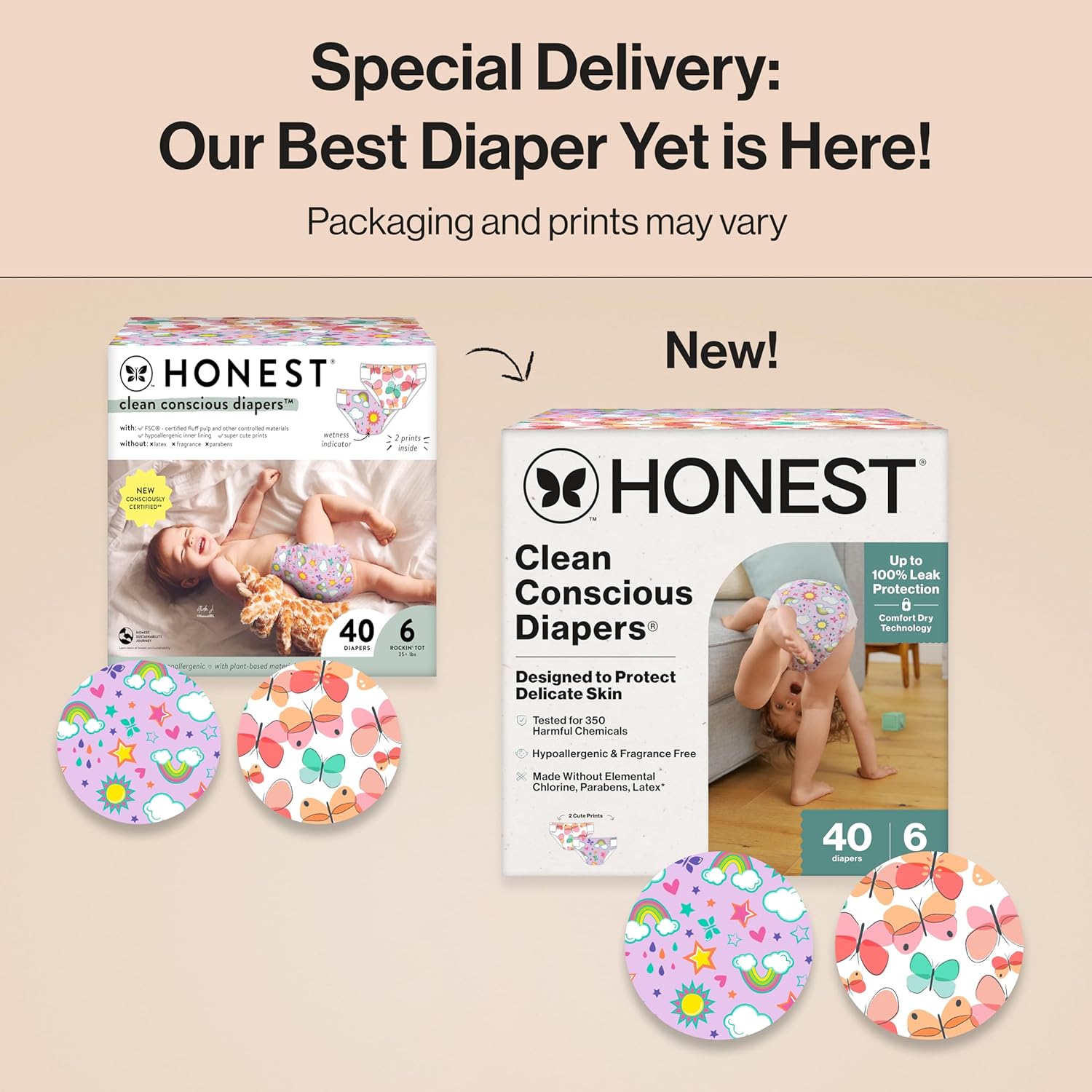 The Honest Company Clean Conscious Diapers for Delicate Skin | Up to 100% Leakproof | Hypoallergenic, Fragrance Free | Girl Prints | Club Box, Size 6 (35+ lbs), 40 Count (Prints May Vary)