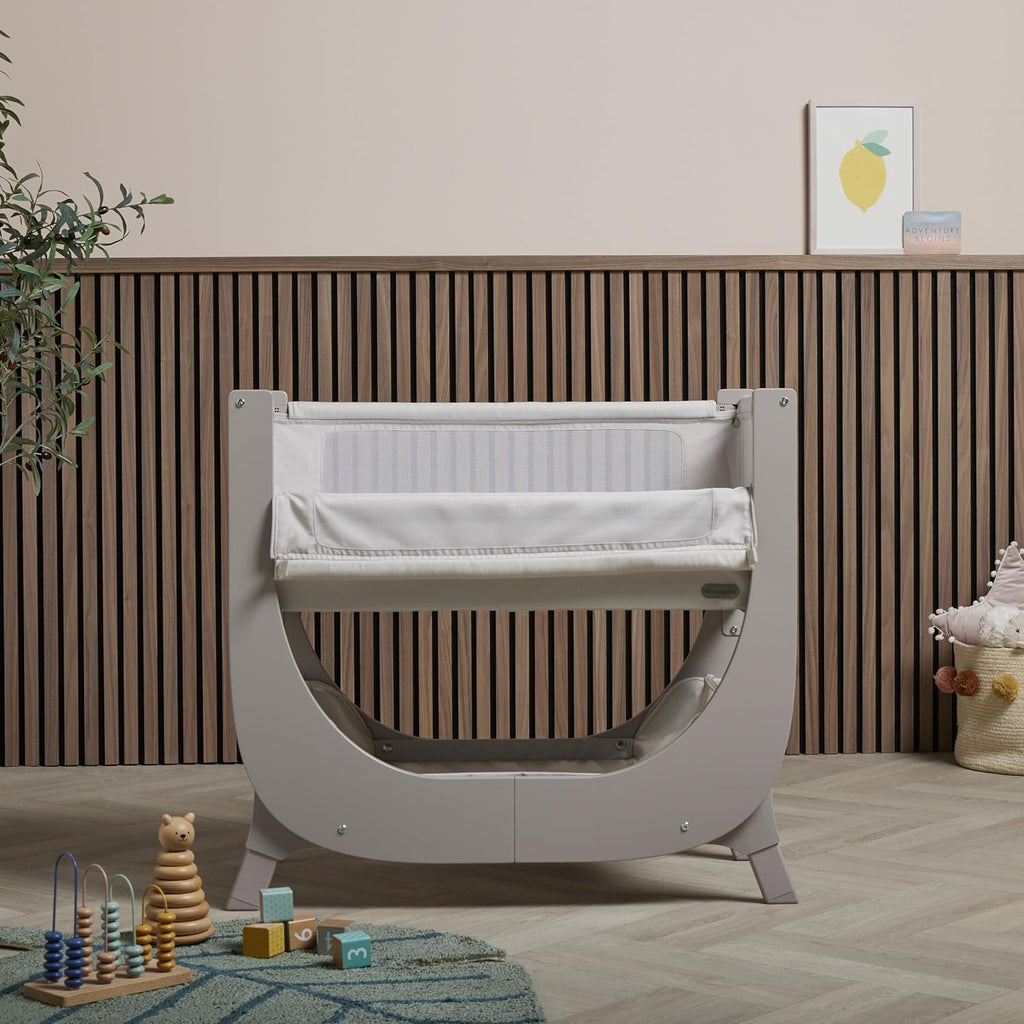 Air Lite Bedside Infant Crib | Breathable Mesh Sides, Drop-Down Panel, Reflux Incline, Adjustable Height, Compact Co-Sleeper Crib with Mattress - Taupe