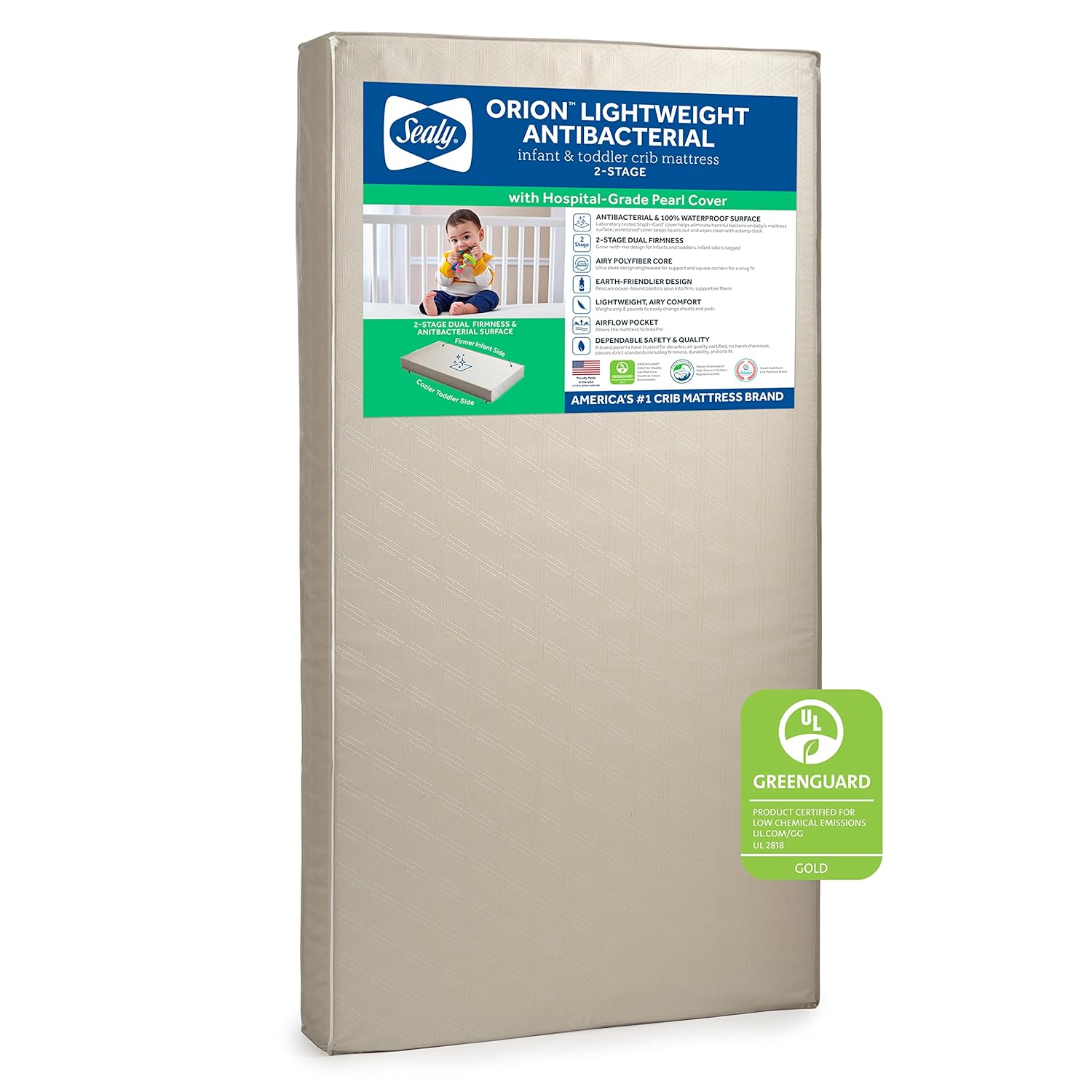 Sealy Baby Orion Antibacterial 2 Stage Breathable Crib Mattress plus Toddler Bed Fit, Lightweight & Waterproof, Non Toxic, GREENGUARD Gold Certified, Safety & Quality Tested, Made in USA, 52x28"