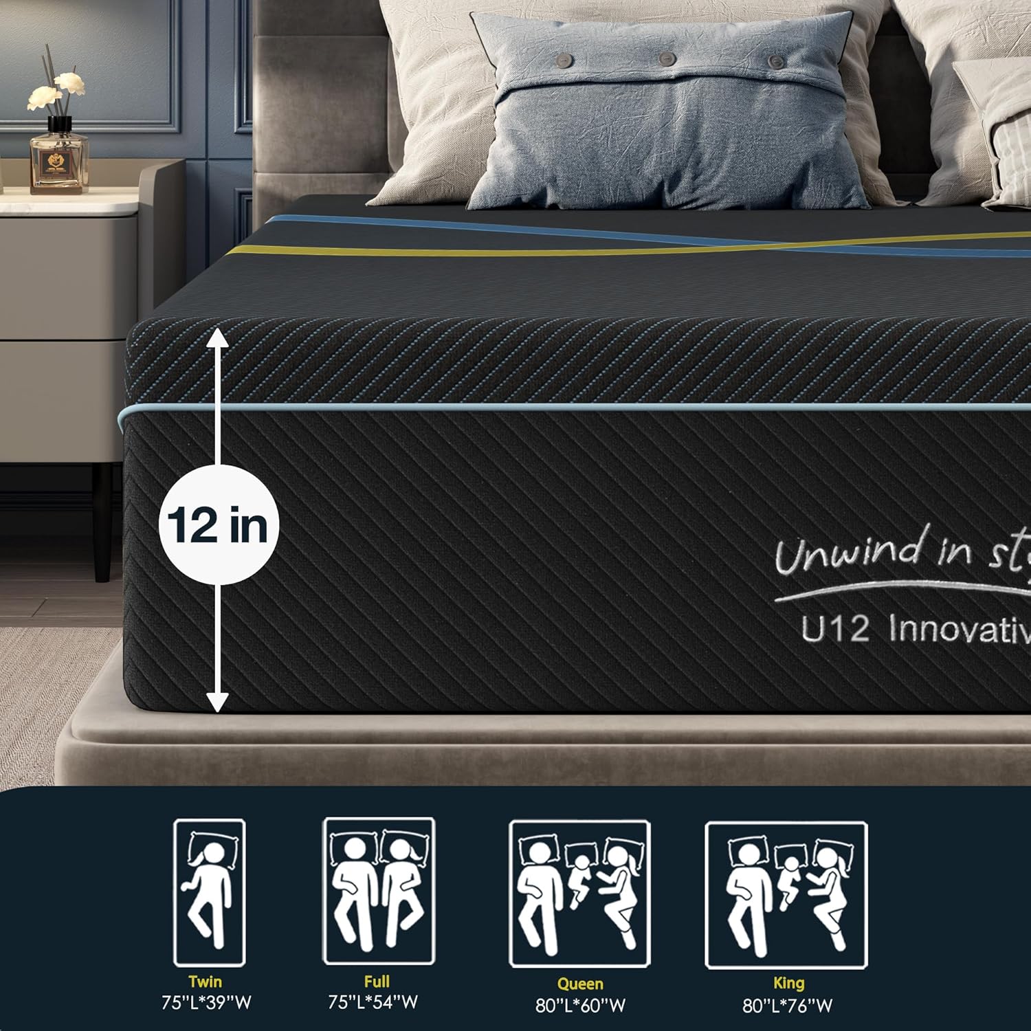 12 inch Full Mattress Multi-Layer Memory Foam Mattress - Medium Firmness with Bamboo Charcoal & Green Tea Infusion