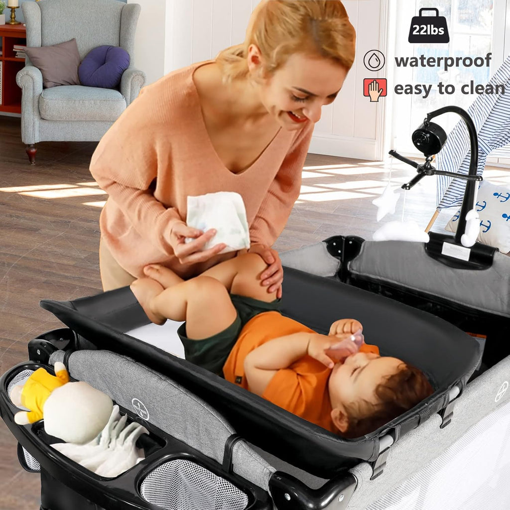 Kinder King 4 in 1 Portable Nursery Center, Foldable Baby Bedside Crib w/Bassinet, Infant Pack n Play Playard Toddler Large Playpen, Newborn Changing Table, Storage Basket, Side Zipper