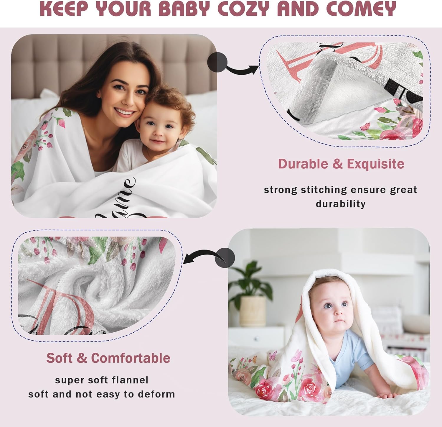 Custom Floral Rose Blanket with Name Personalized Name Blanket for Girl Newborn New Baby Customized Gifts for Baby Shower Christmas Birthday