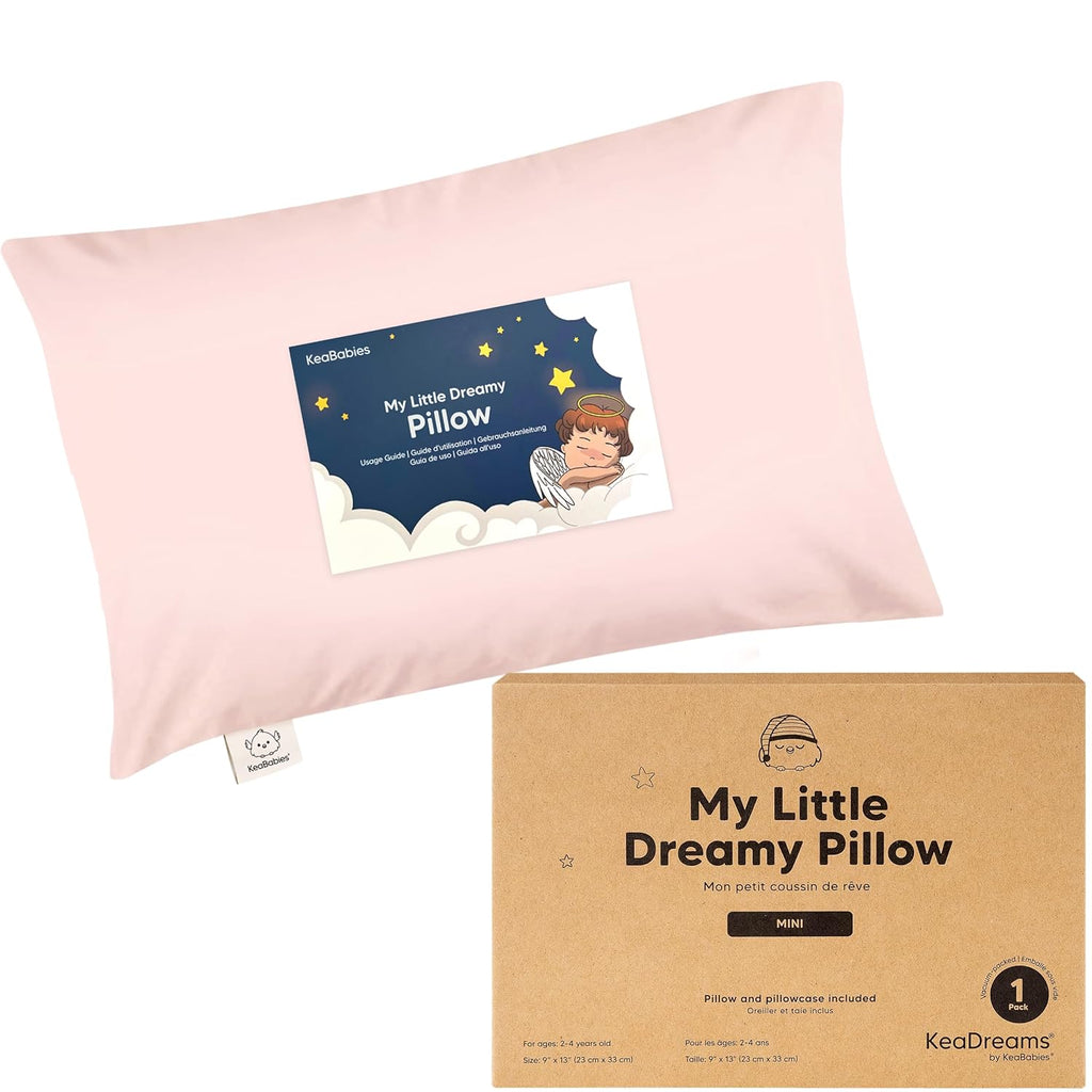 Mini Toddler Pillow with Pillowcase - 9x13 My Little Dreamy Travel Kids Pillow for Sleeping, Toddler Bed, Small, Tiny, Organic Cotton Pillowcase, Soft & Breathable, Kids 2-4 Years Old (Mist Pink)