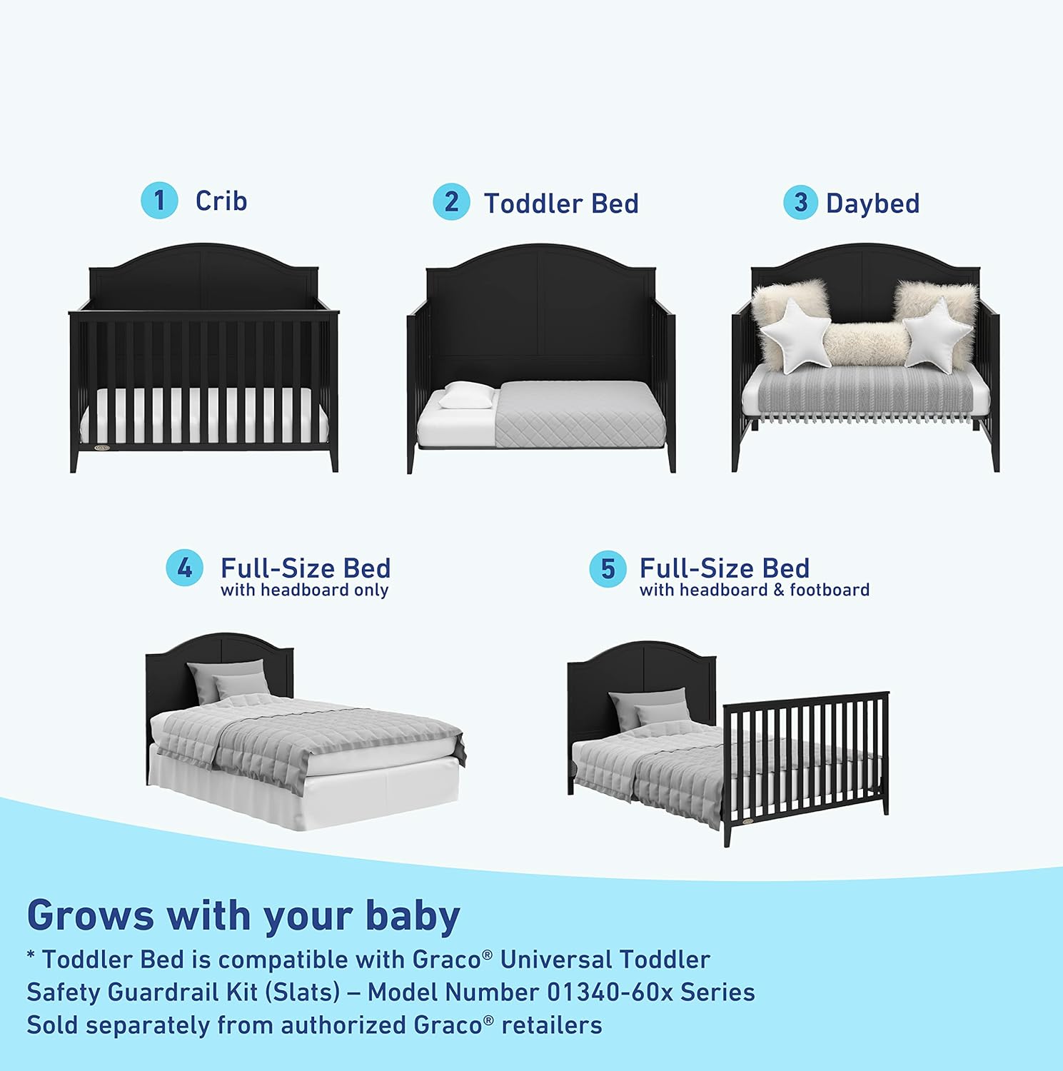 Graco Wilfred 5-in-1 Convertible Crib (Black) – GREENGUARD Gold Certified, Converts to Toddler Bed and Full-Size Bed, Fits Standard Full-Size Crib Mattress, Adjustable Mattress Support Base