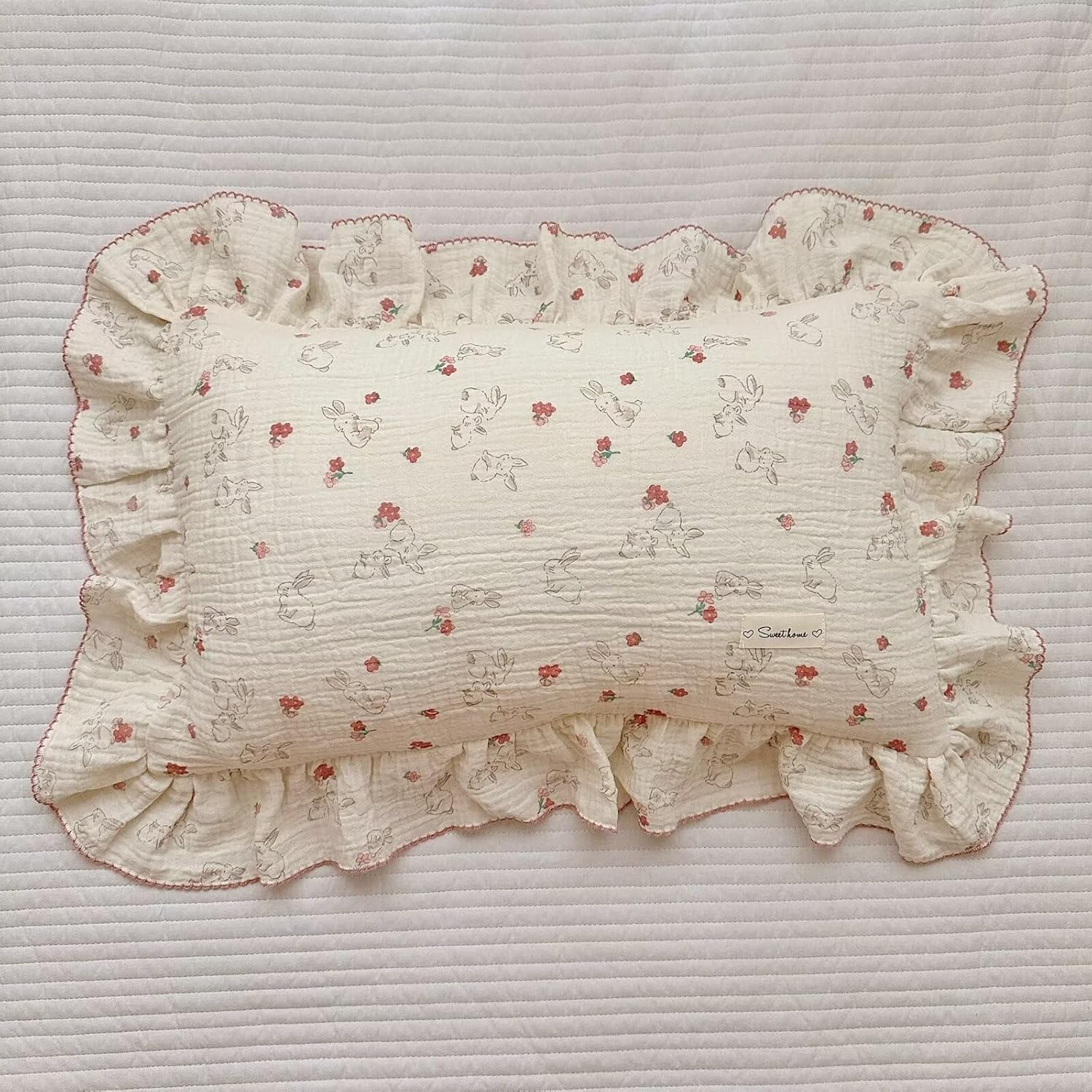 BuLuTu Rabbit Floral Toddler Pillowcase Muslin Cotton Kids Pillow Case Standard Size, 20"x26", Soft Breathable Children Bedding Pillow Cover for Girls Boys,1 Piece, Bunny Pattern