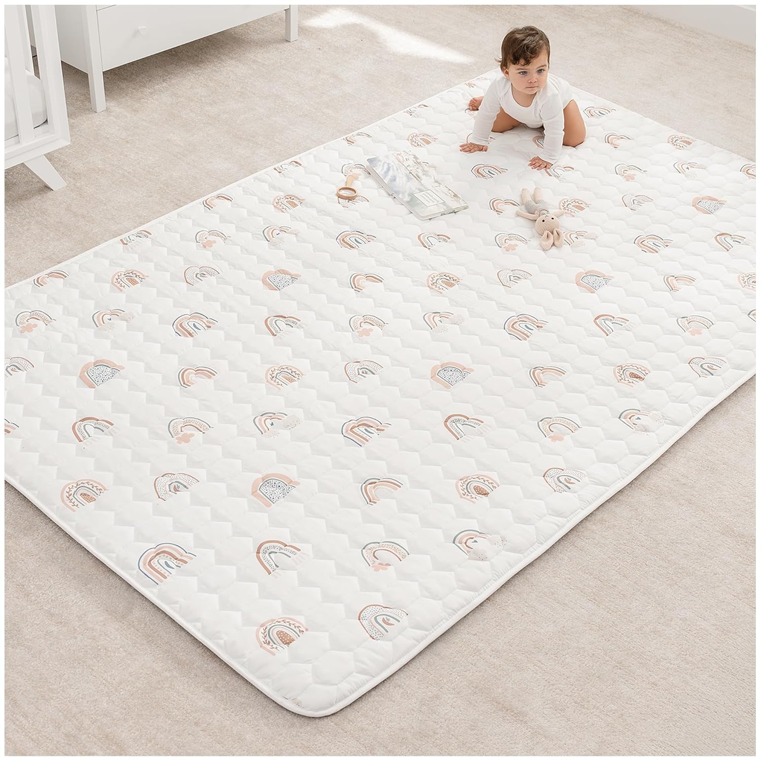 Comfy Cubs Rectangle Kids Play Mat - Large 60 x 96 inches Soft Quilted Baby Floor Mat with Non-Slip Bottom - Plush Design for Toddlers' Playtime and Relaxation - Comfortable and Durable - Rainbow