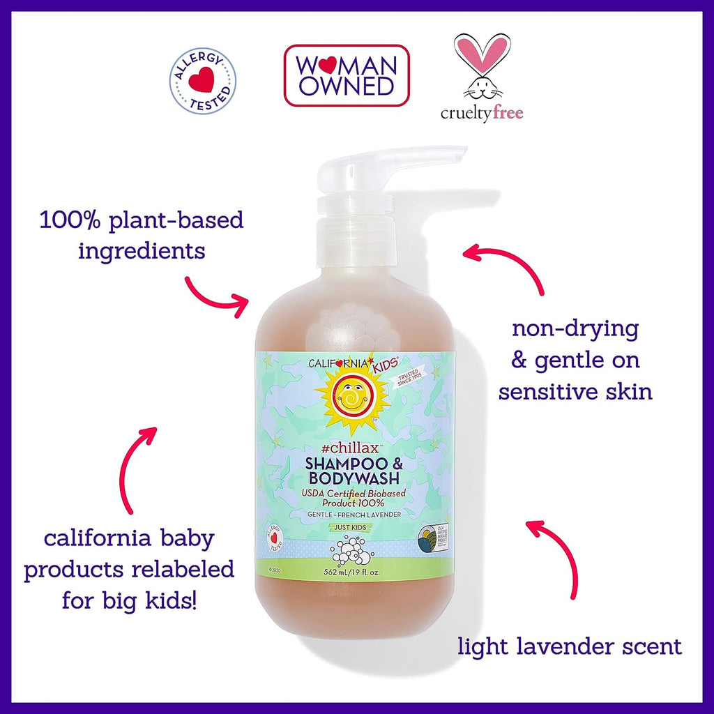 California Kids Chillax Shampoo and Bodywash | 100% Plant-Based | Gentle Skincare | Lavender Shampoo for Kids + Teens | Hypoallergenic Bodywash | 562 mL / 19 oz.