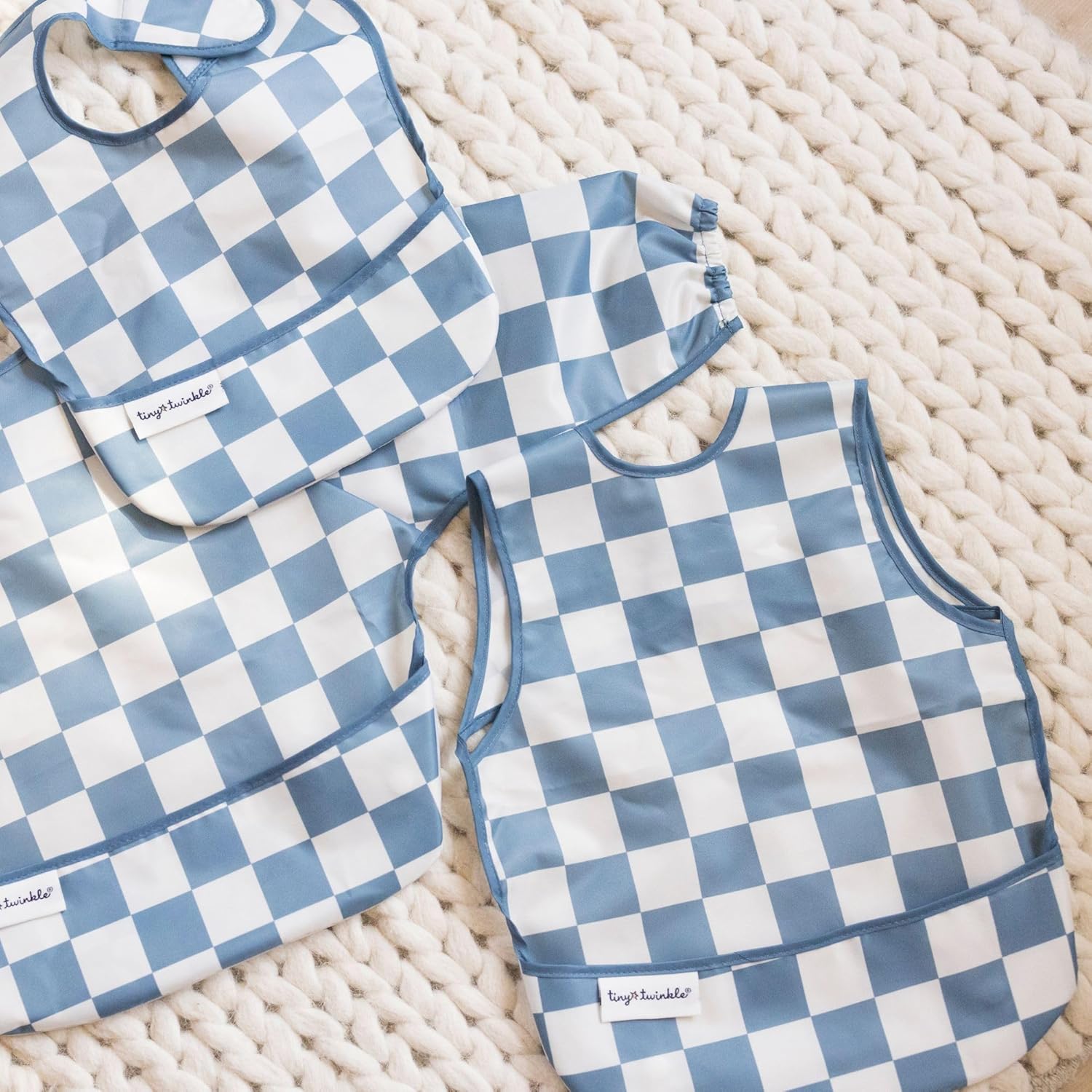 Tiny Twinkle Mess Proof Baby Bib - Waterproof & Lightweight Baby-Led Weaning Apron | 100% Recycled Polyester, Easy Clean & Machine Washable (Blue Checkers, Small 6-24 Months)