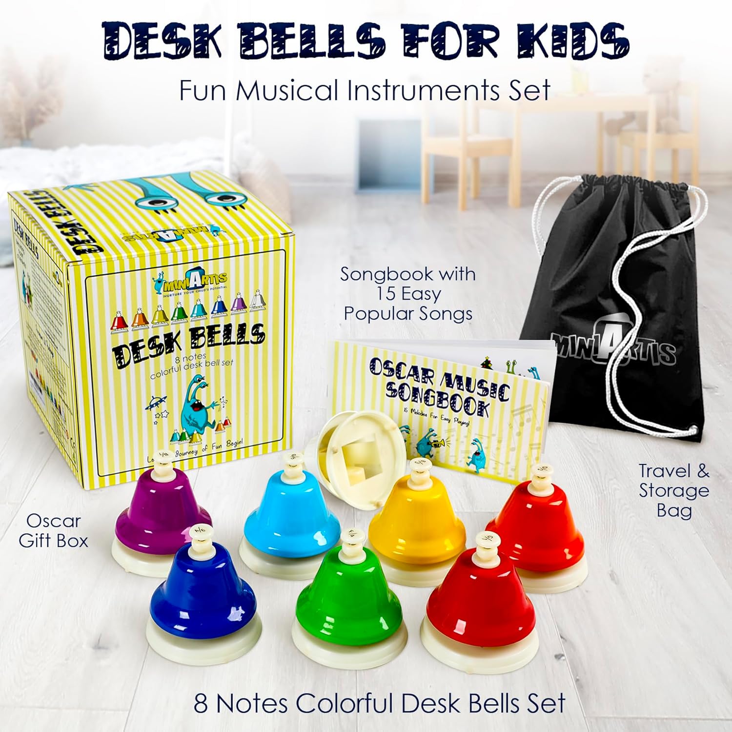 MINIARTIS Desk Bells for Kids | Educational Music Toys for Toddlers 8 Notes Colorful Hand Bells Set | Kids Musical Instrument with 15 Songbook | Great Birthday Gift for Children