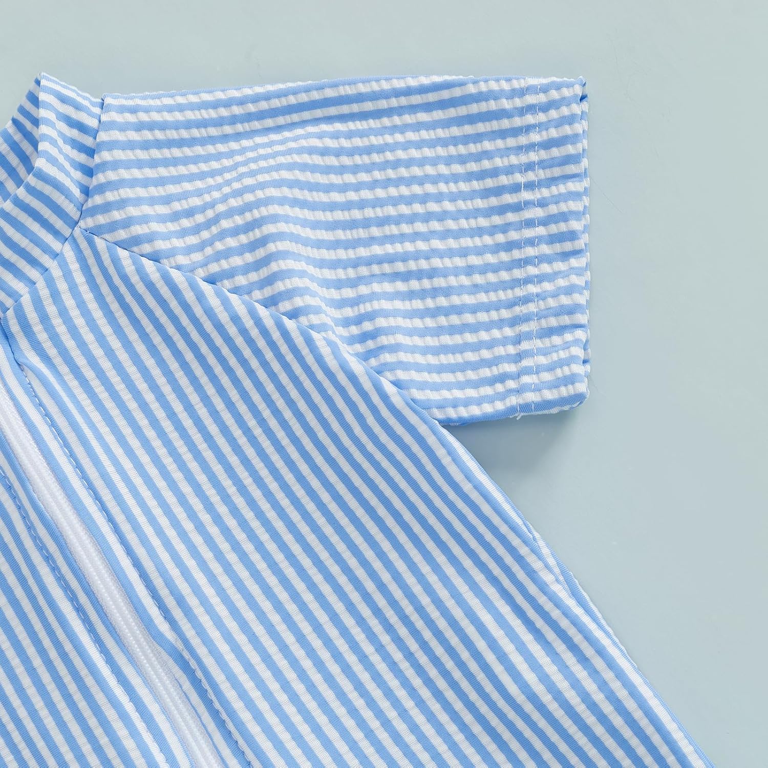 Toddler Baby Boys Seersucker Short Sleeve One Piece Rash Guard Swimsuit Zipper Bathing Suit Swimwear with Hat