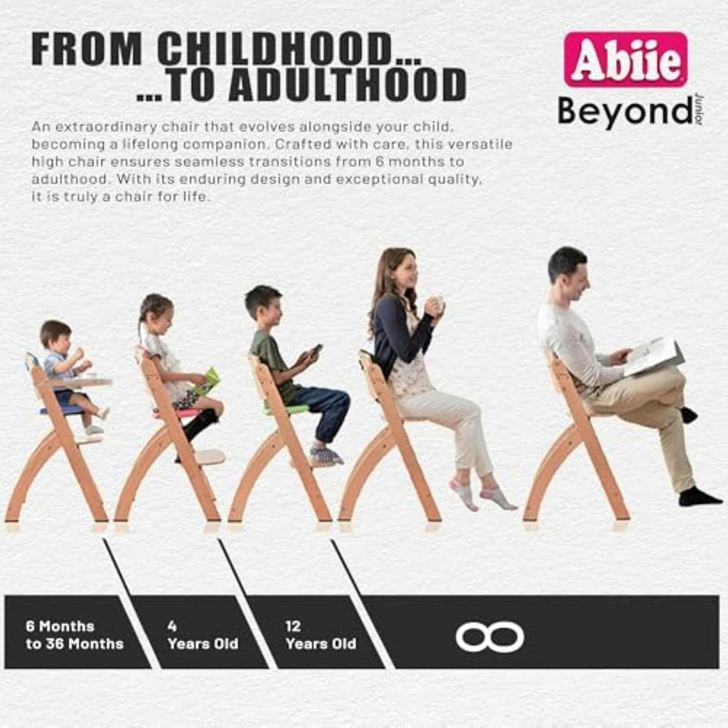 Abiie Beyond Junior Wooden High Chair with Tray - Adjustable and Convertible High Chair for Babies and Toddlers - 6 Months to 250 Lb - Water Resistant - Natural Wood/Dove Grey Cushion
