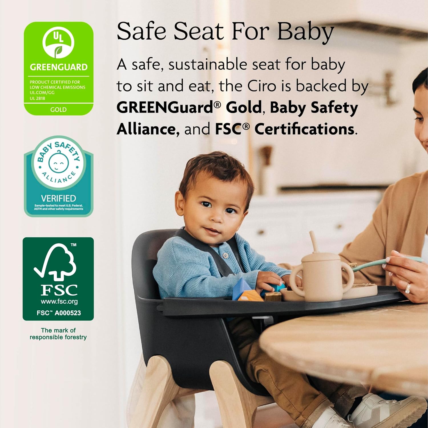 UPPAbaby Ciro High Chair/Sleek, Easy-to-Clean Design/Perfect-Fit Tray to Bring Baby to Table/Patent-Pending Harness/Dual-Position, 180-Degree Rotating Footrest/Emrick (Green/Rubberwood)