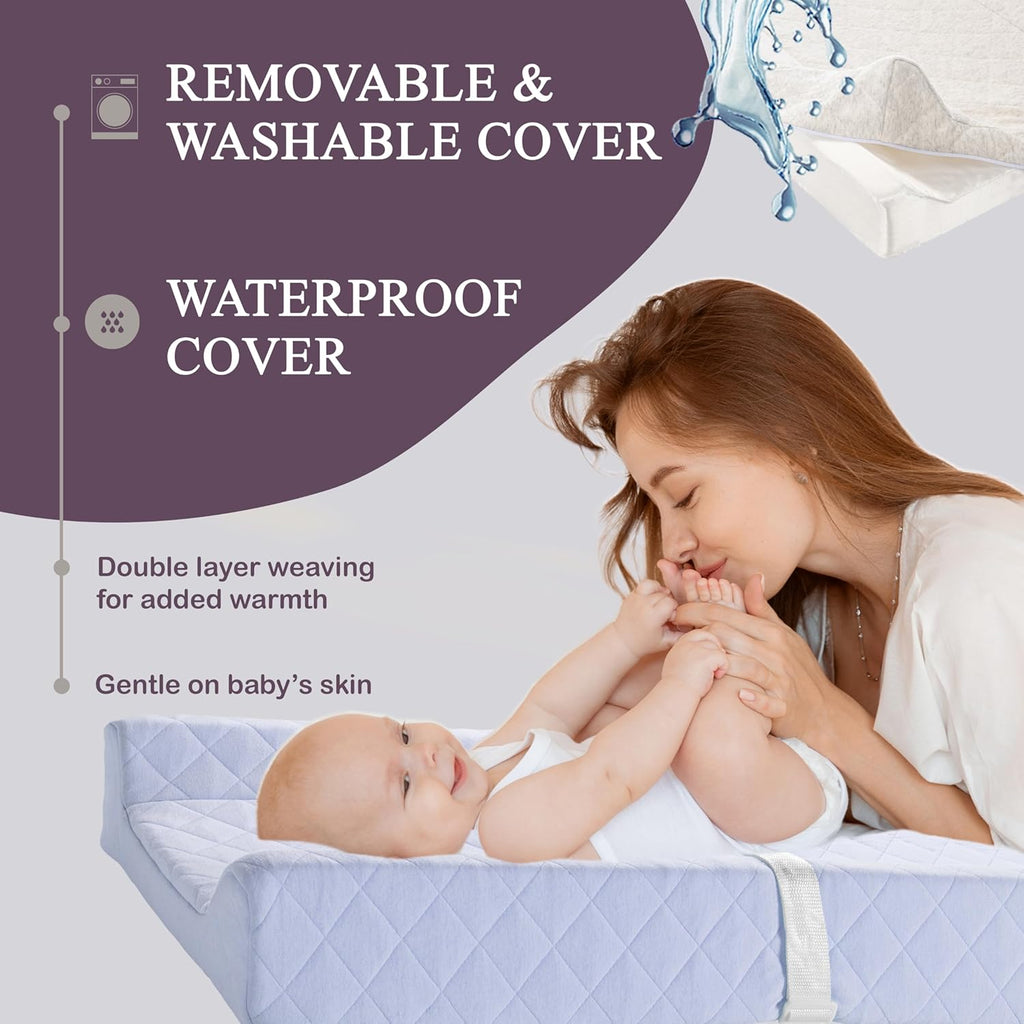 Organic Cotton Contoured Baby Changing Pad w/Waterproof Foam Mattress, Includes Soft, Removable & Washable Cover, Safety Strap, Non-Slip Bottom, Topper for Standard Size Infant Diaper Table & Dresser