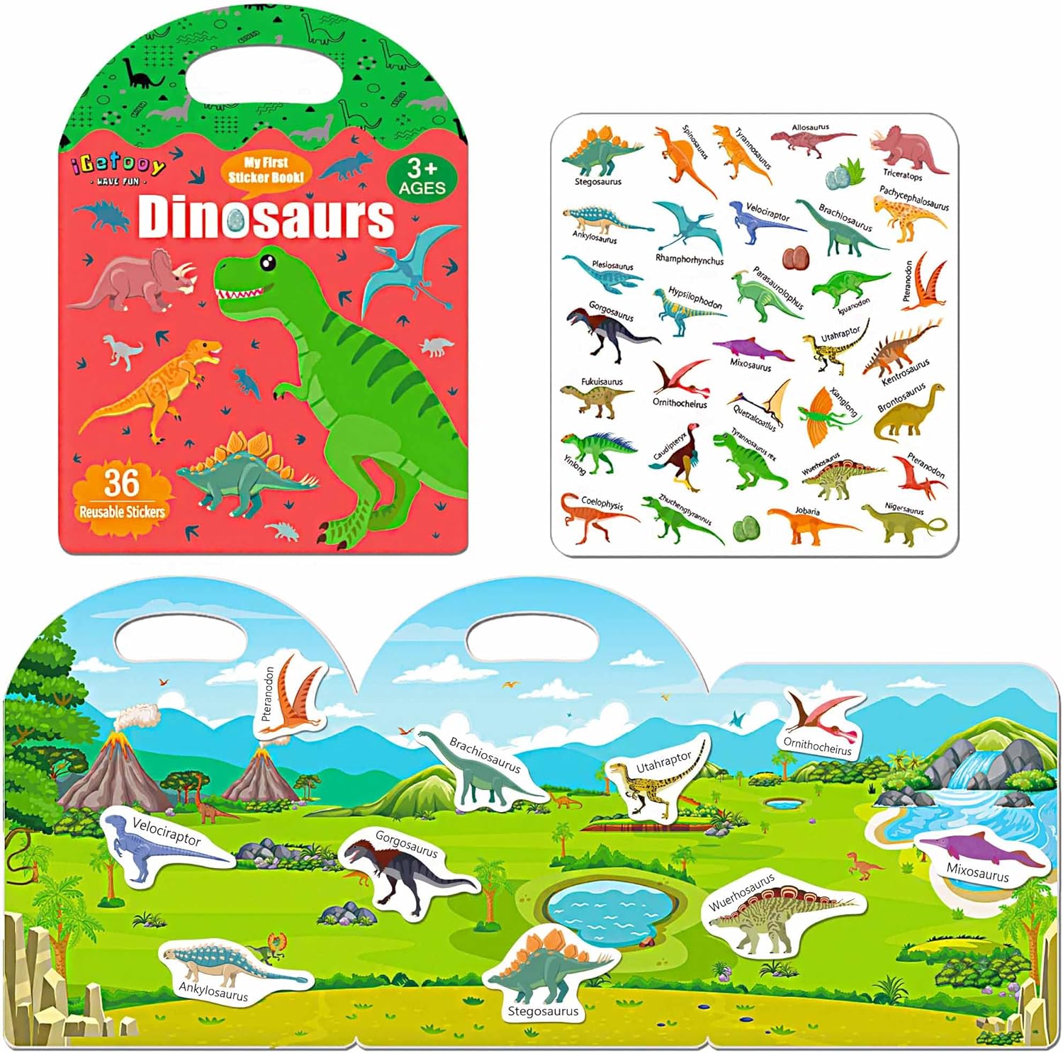 Reusable Sticker Book for Toddlers, Sticker Books for Toddlers 2-4 Years, Airplane Travel Essential for Kids, Stickers for Kids 2 3 4 5 6 Year Old Girls Boys (Dinosaurs)