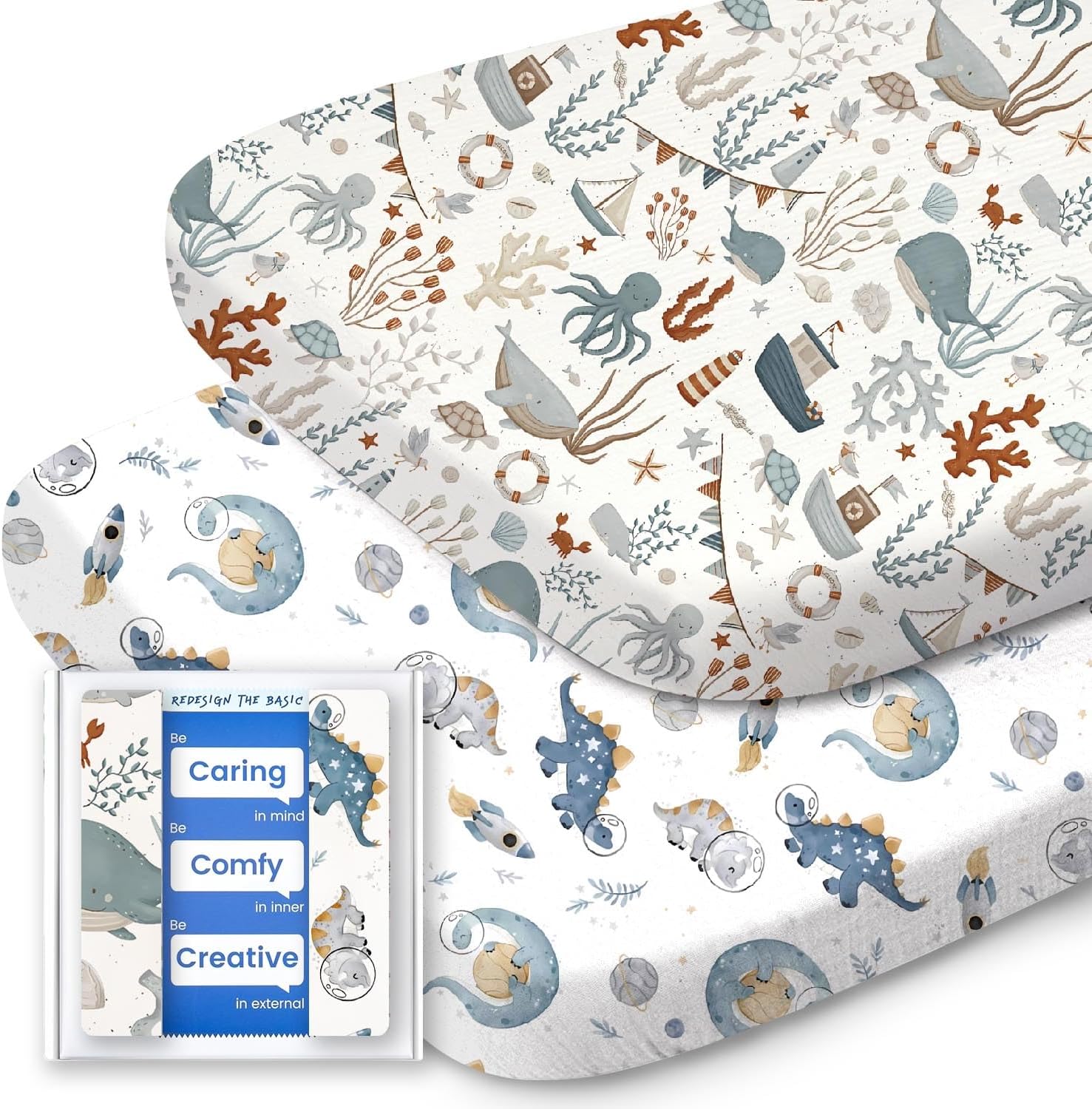 Bassinet Sheets for Baby Boy Girl, TotBasic Buttery Soft Universal Bassinet Fitted Sheet, Compatible with Halo, Mika Micky, Baby Delight, Dream On Me, Maxi COSI and More Bassinet Mattress(Dino&Whale)