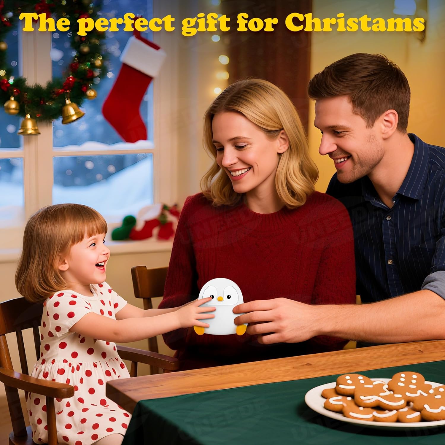 UNEEDE Sitting Penguin Night Light with Removable Floppy Bunny Ears - Silicone Touch Lamp, USB Rechargeable, Dimmable Nursery Light for Kids & Holiday Decor