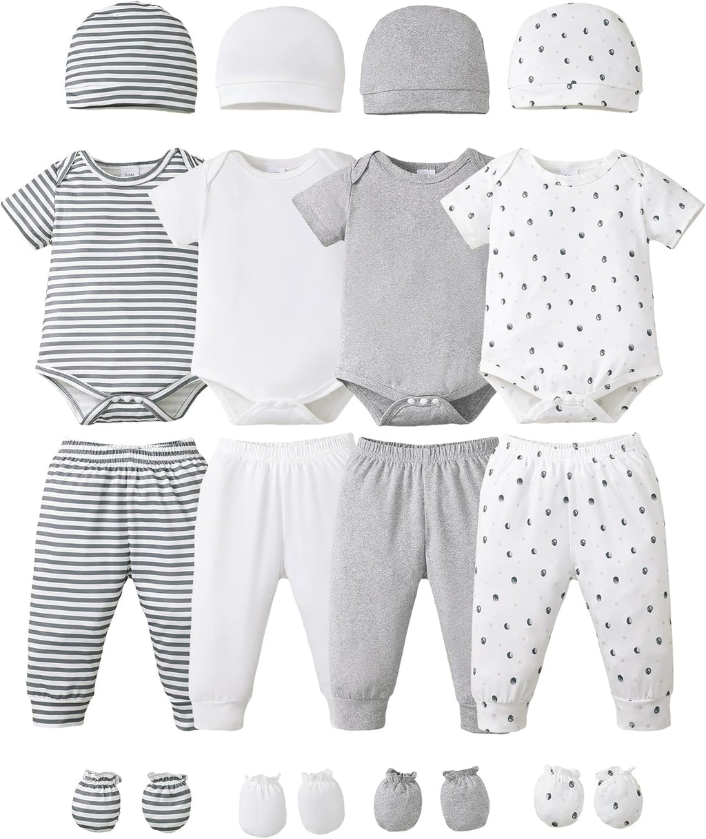 NZRVAWS Newborn Baby Boy Girl Clothes Unisex Infant Romper Pants Set Hat 4-Pack Outfits 0-12 Months 16 Pieces Toddler