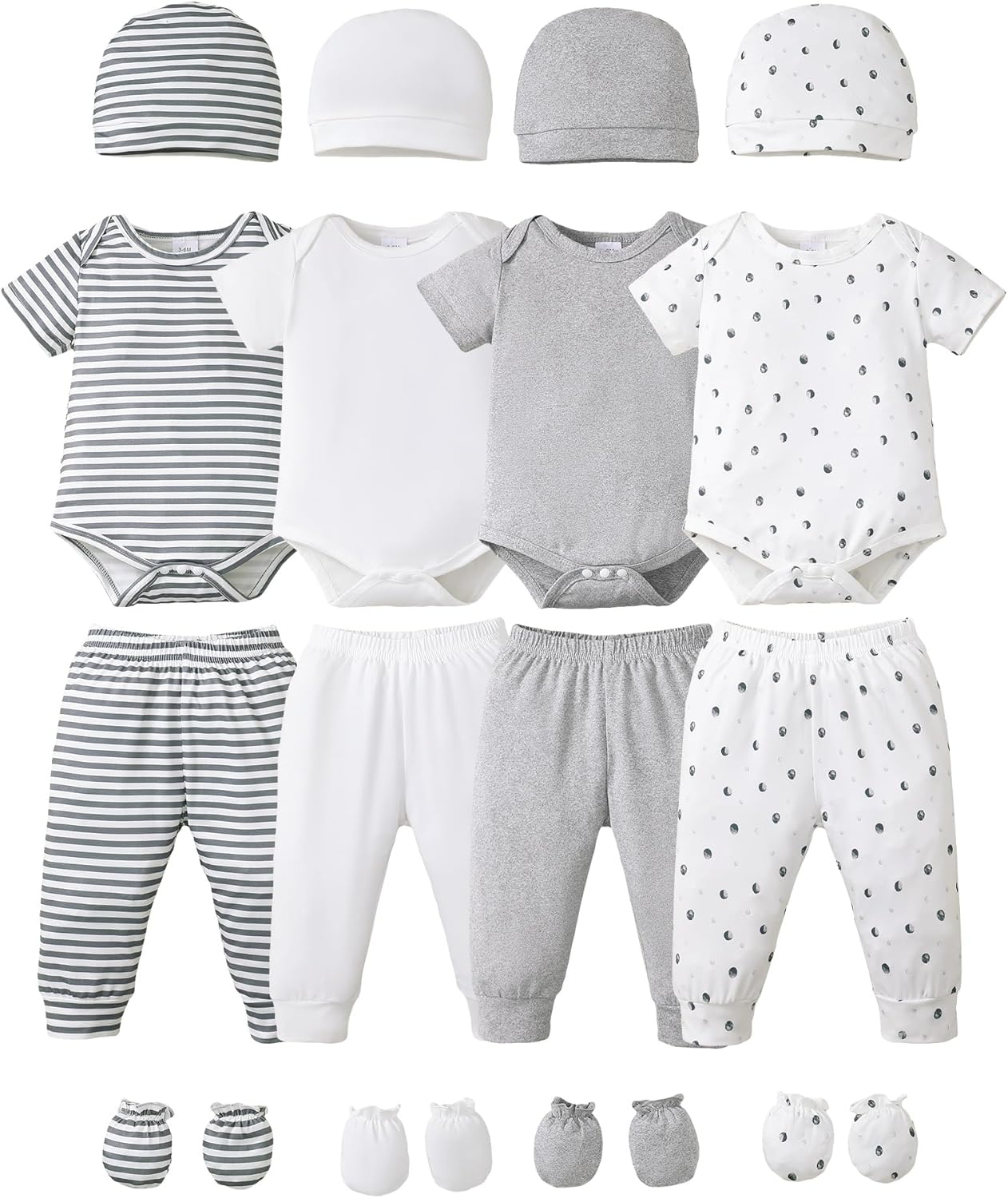 NZRVAWS Newborn Baby Boy Girl Clothes Unisex Infant Romper Pants Set Hat 4-Pack Outfits 0-12 Months 16 Pieces Toddler