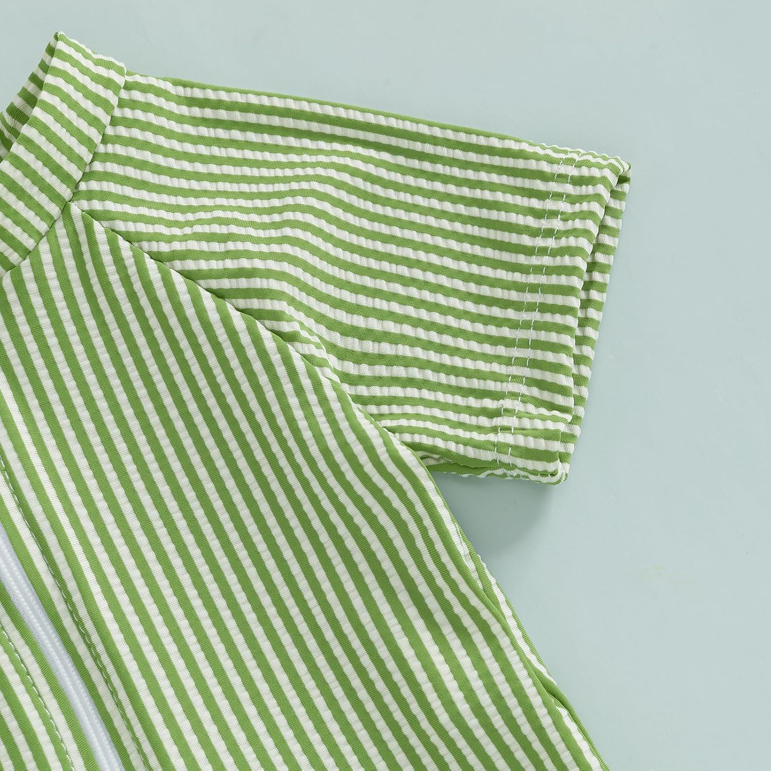 Toddler Baby Boys Seersucker Short Sleeve One Piece Rash Guard Swimsuit Zipper Bathing Suit Swimwear with Hat