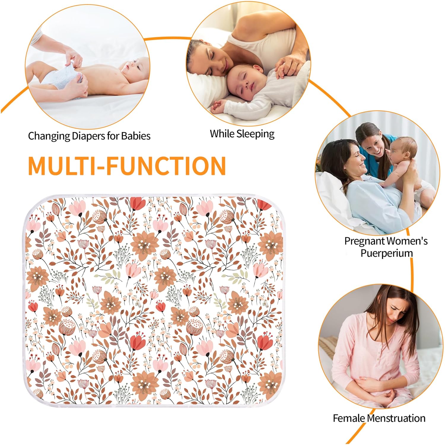 Diaper Changing Pads for Baby, Flower Change Mat, 3Layers Waterproof Change Pad Foldable Absorbent Mats for Women, Reusable Incontinence Underpads for Patient 24''x30''