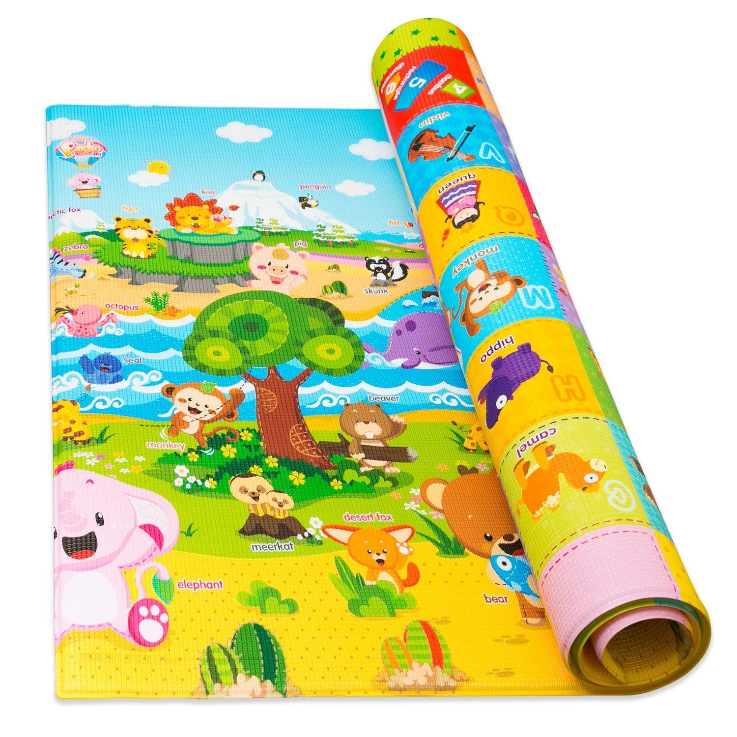 Baby Care Play Mat (Medium, Playful - Pinko & Friend) 73’’ x 49’’ Original One-Piece Reversible Rollable Waterproof Play Mat for Infants, Babies, Toddler, and Kids