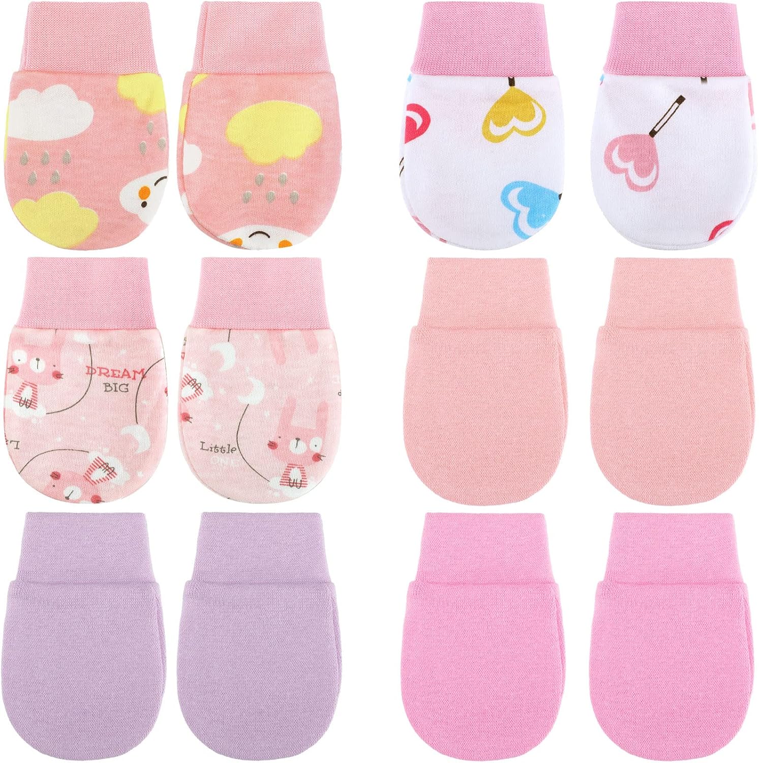 6 Pairs Newborn Baby Mittens No Scratch Gloves Infant Toddler Anti Scratch Essentials Unisex Cotton for 3-9 Months Girls Boys(Pink Series, Cute)