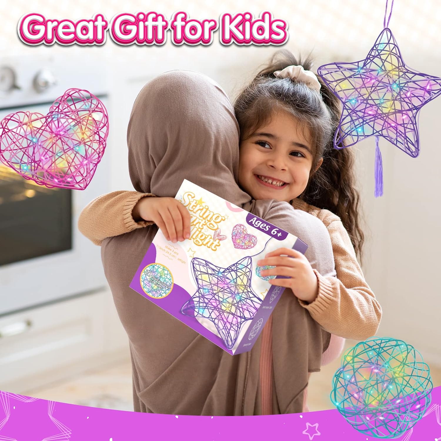 ESOXOFFORE 3D String Art Kit for Kids,Christmas Birthday Gifts for 8 9 10 11 12 Year Old Girls Boys,Arts and Crafts for Girls Ages 8-12 Heart Star Round Lantern Toys 20 Multi-Colored LED Bulbs
