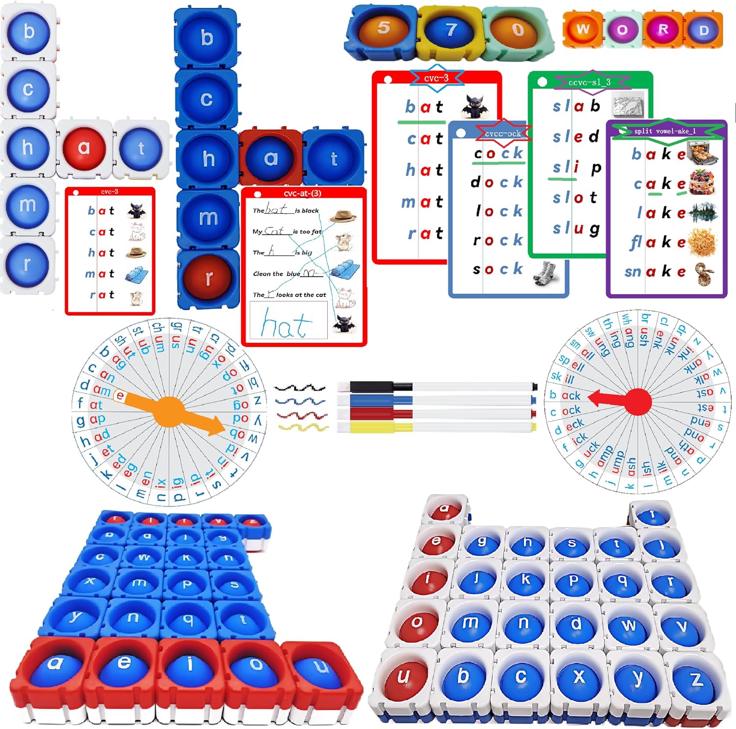 Interactive Reading & Phonics Toy, 570 Words & 4 Levels(CVC, CVCC, CCVC, Long Vowel) word family Handwritten FlashCard,Wheel design phonics disk, Word Pop Segment Blocks & Blend Sound,Preschool to 3rd