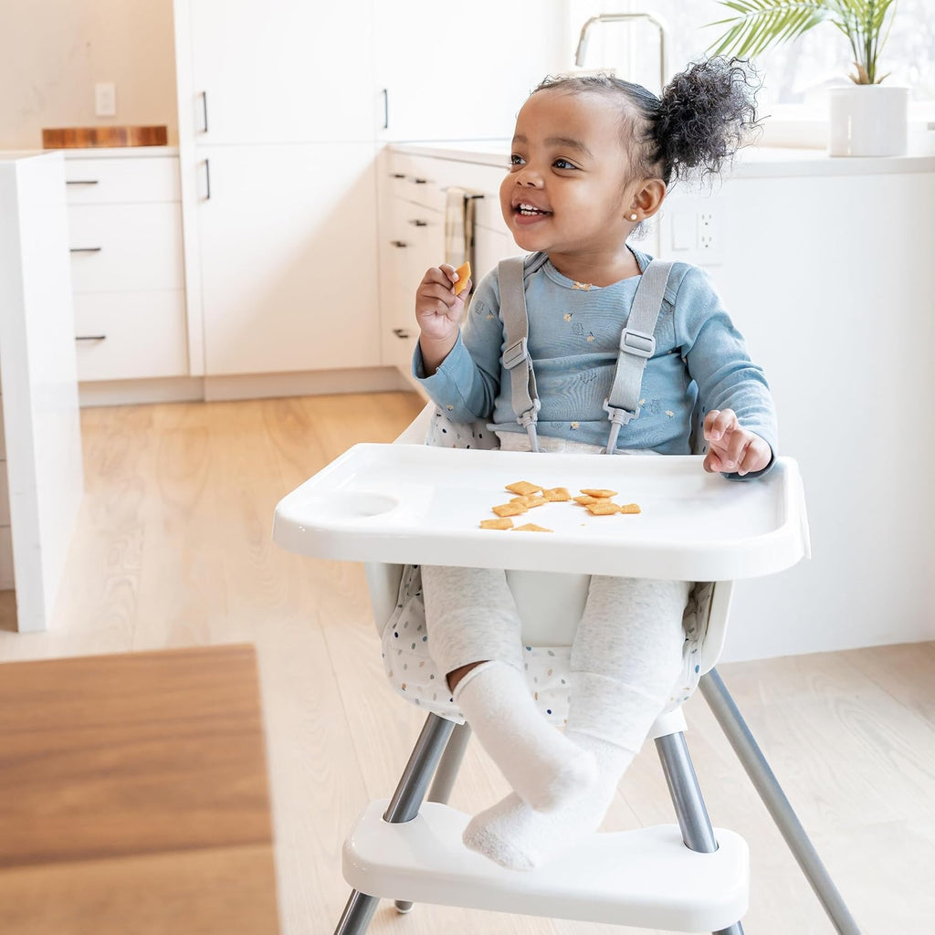 Regalo High Chair with Jelly Bean Seat Pad for Babies and Toddlers, Award Winning Brand, Removable Oversized Tray with Cup Holder, Five Point Harness, White
