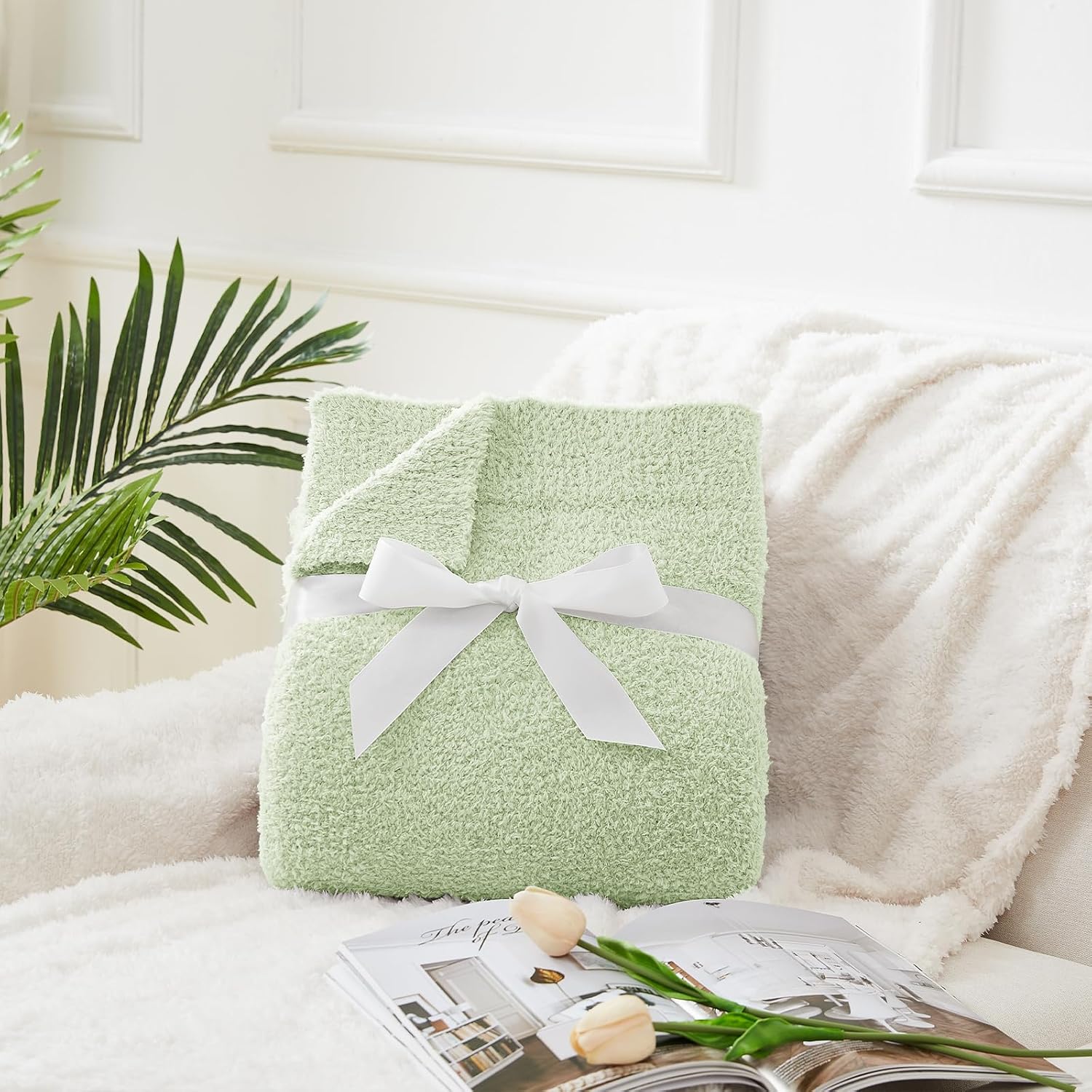 CYMULA Knit Throw Blanket for Mint Green - Super Soft Lightweight Plush Fuzzy Fluffy Cozy Blankets and Throws for Sofa Bed, 50 x 60 inches