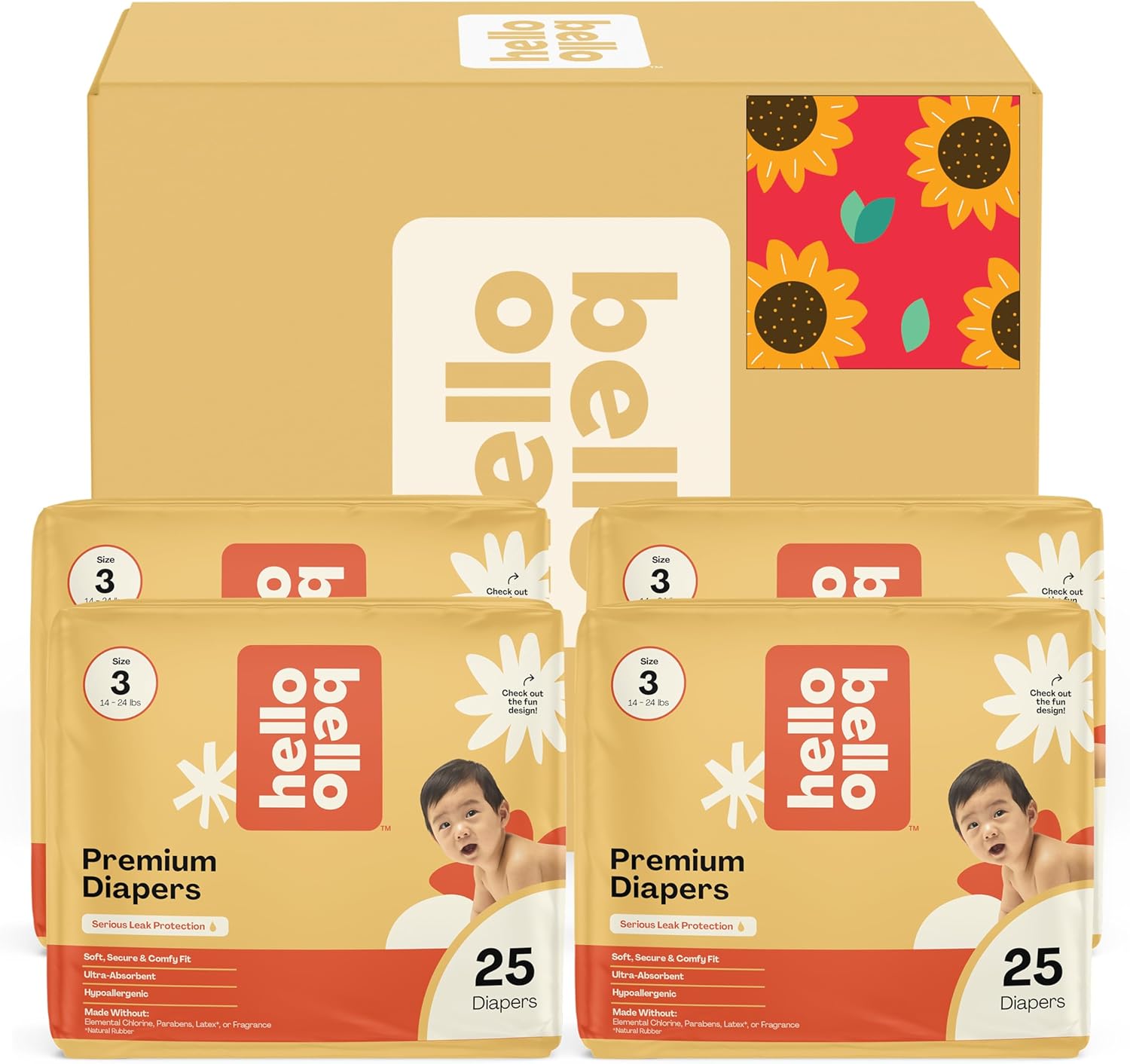 Hello Bello Diapers, Size 3 (14-24 lbs) Flower Child, 100 Count Value Pack of Premium Disposable Baby Diapers, Hypoallergenic with Soft, Cloth-Like Feel