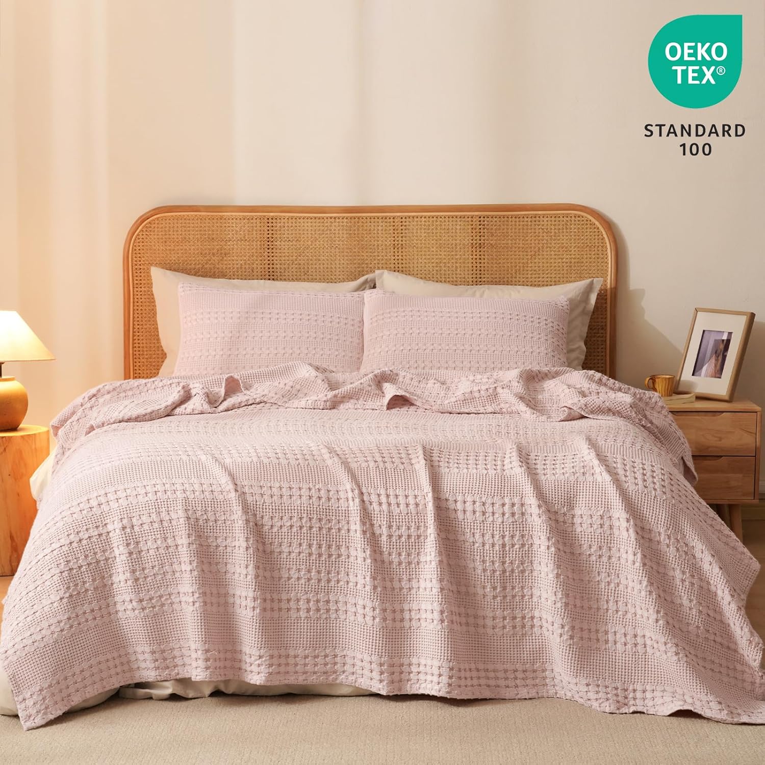 PHF 100% Cotton Waffle Weave Blanket Queen Size, Soft Lightweight Breathable Cozy Summer Blankets for Bed, Luxury Aesthetic Woven Bedding for Home Decor, 90"x90", Pink/Mauve